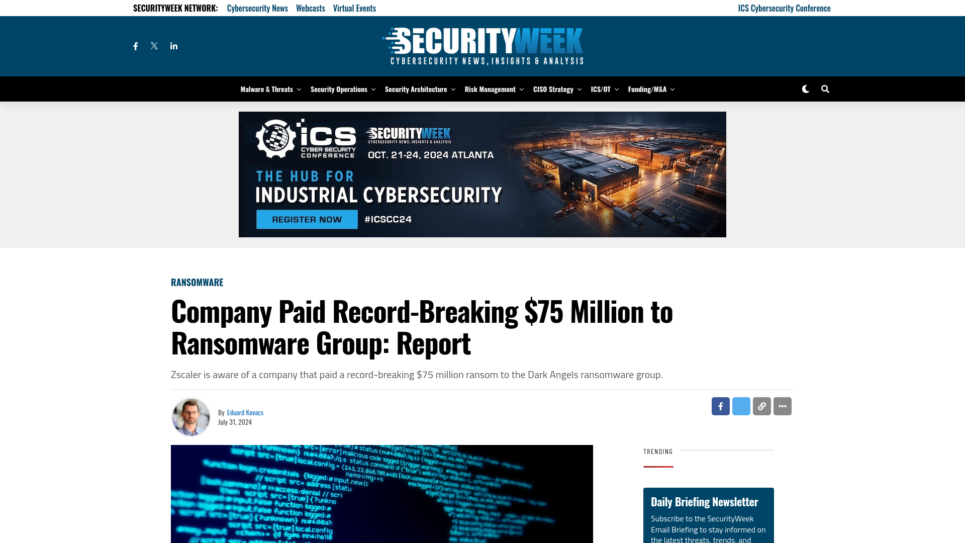 Company Paid Record-Breaking $75 Million to Ransomware Group: Report - SecurityWeek