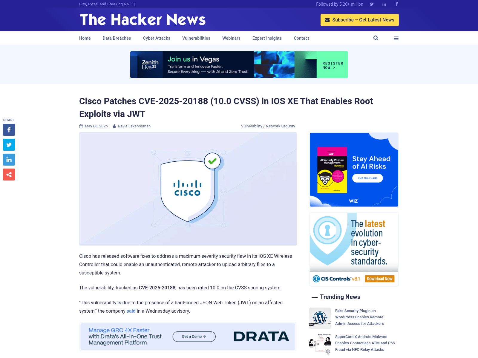 Cisco Patches CVE-2025-20188 (10.0 CVSS) in IOS XE That Enables Root Exploits via JWT