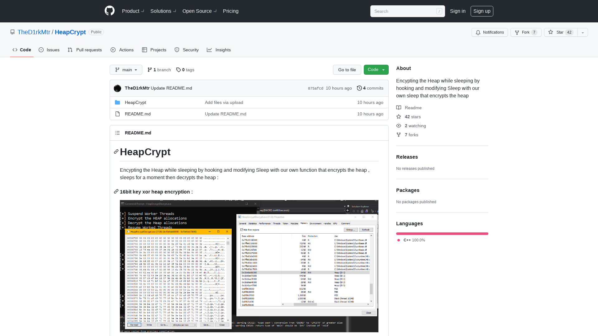 GitHub - TheD1rkMtr/HeapCrypt: Encypting the Heap while sleeping by hooking and modifying Sleep with our own sleep that encrypts the heap