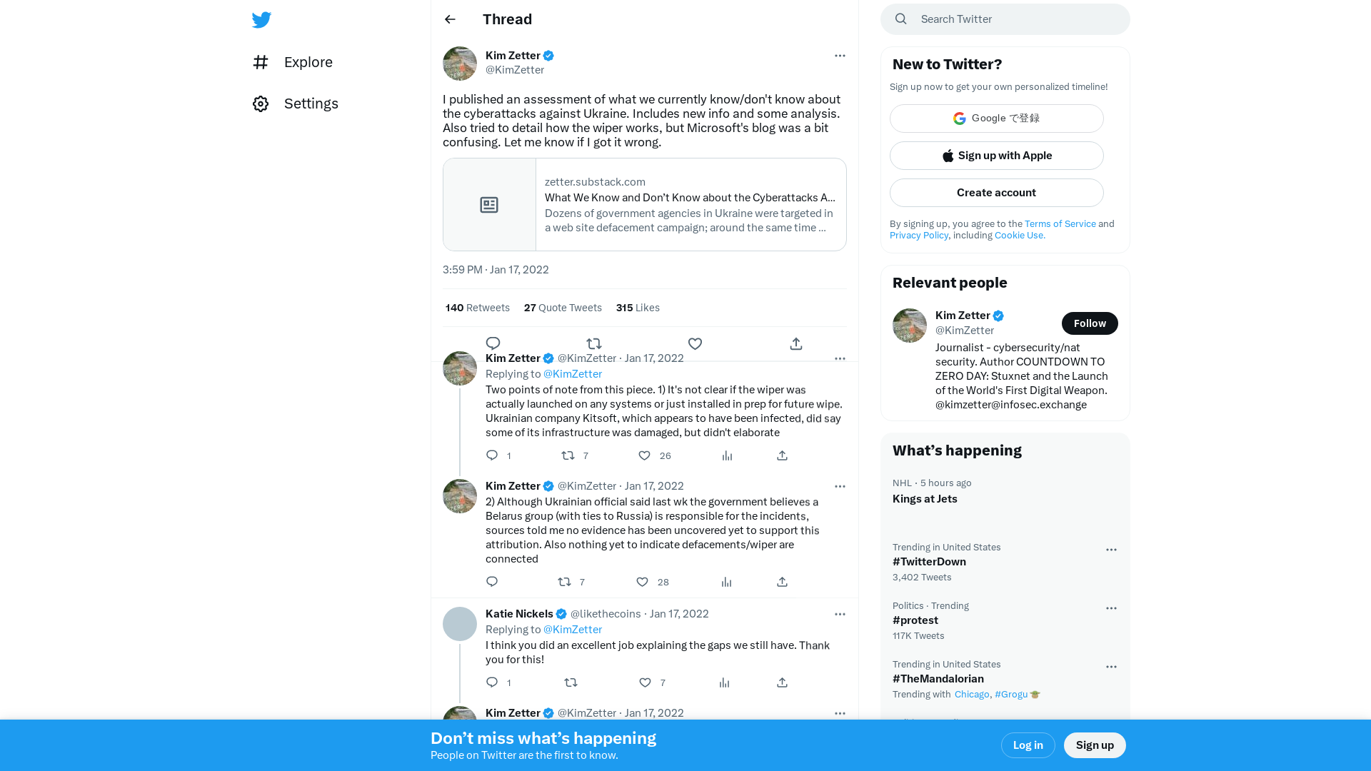 Kim Zetter on Twitter: "I published an assessment of what we currently know/don't know about the cyberattacks against Ukraine. Includes new info and some analysis. Also tried to detail how the wiper works, but Microsoft's blog was a bit confusing. Let me know if I got it wrong. https://t.co/CrRkU9HV4K" / Twitter