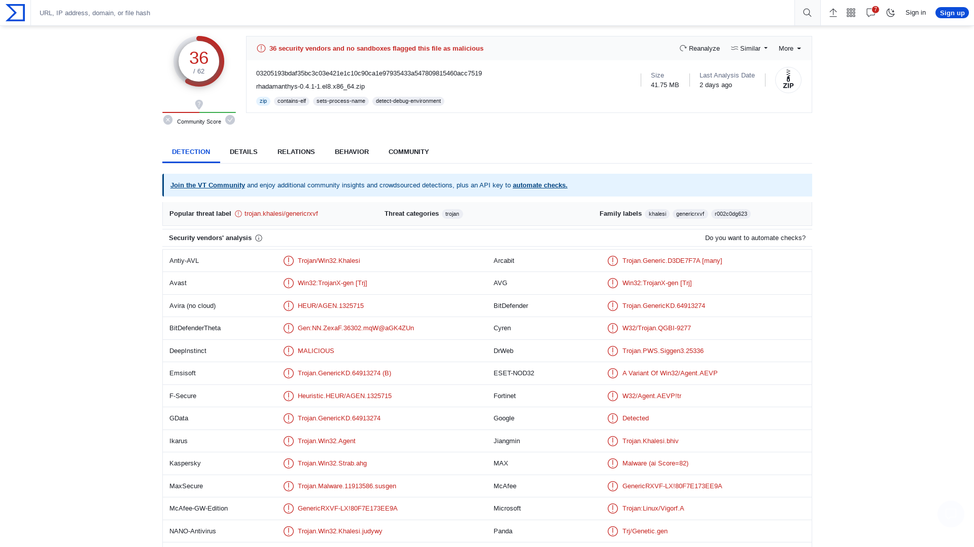 VirusTotal - File - 03205193bdaf35bc3c03e421e1c10c90ca1e97935433a547809815460acc7519