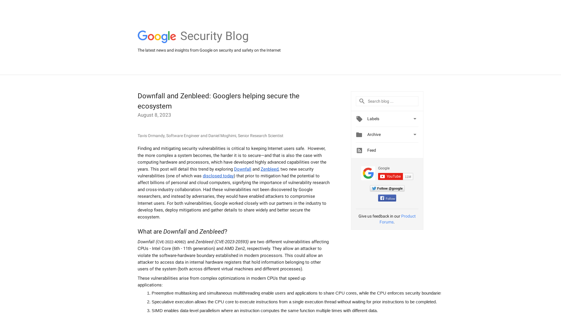 Google Online Security Blog: Downfall and Zenbleed: Googlers helping secure the ecosystem