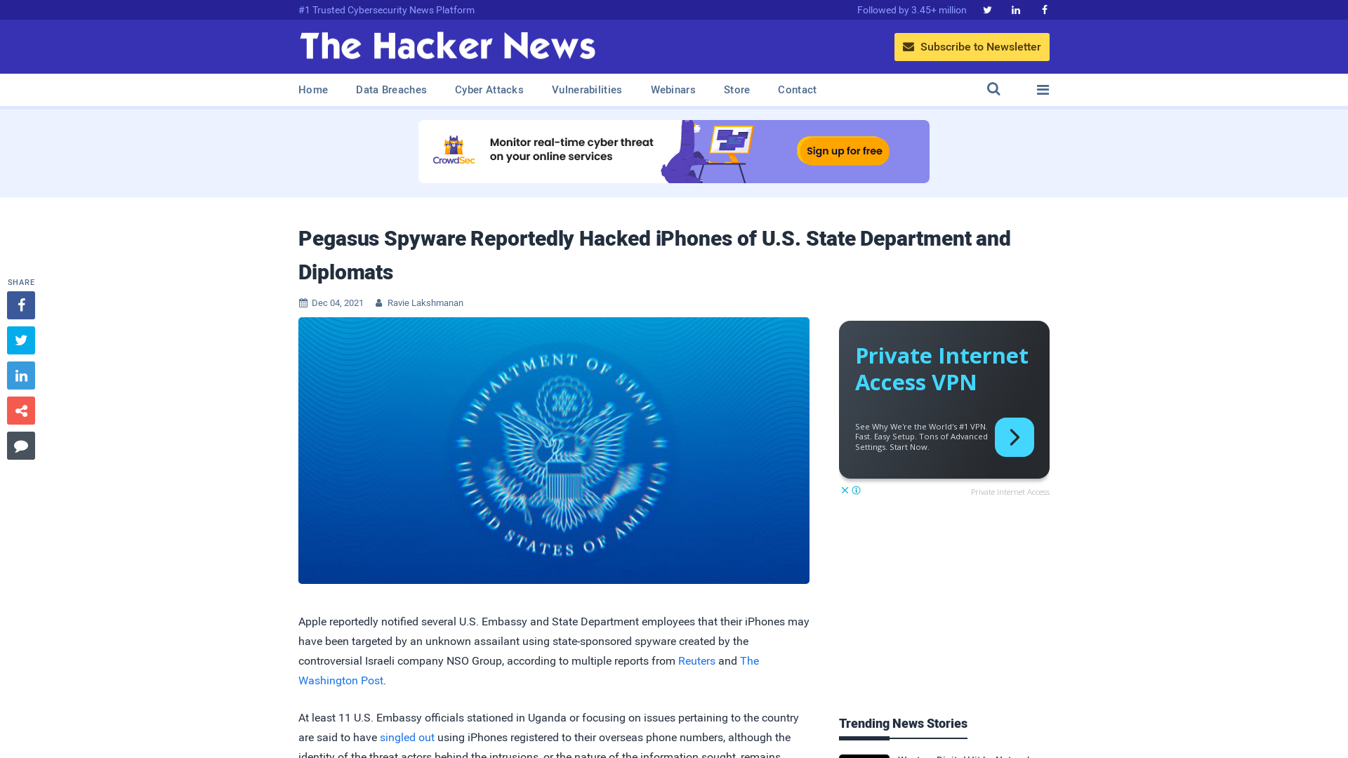 Pegasus Spyware Reportedly Hacked iPhones of U.S. State Department and Diplomats