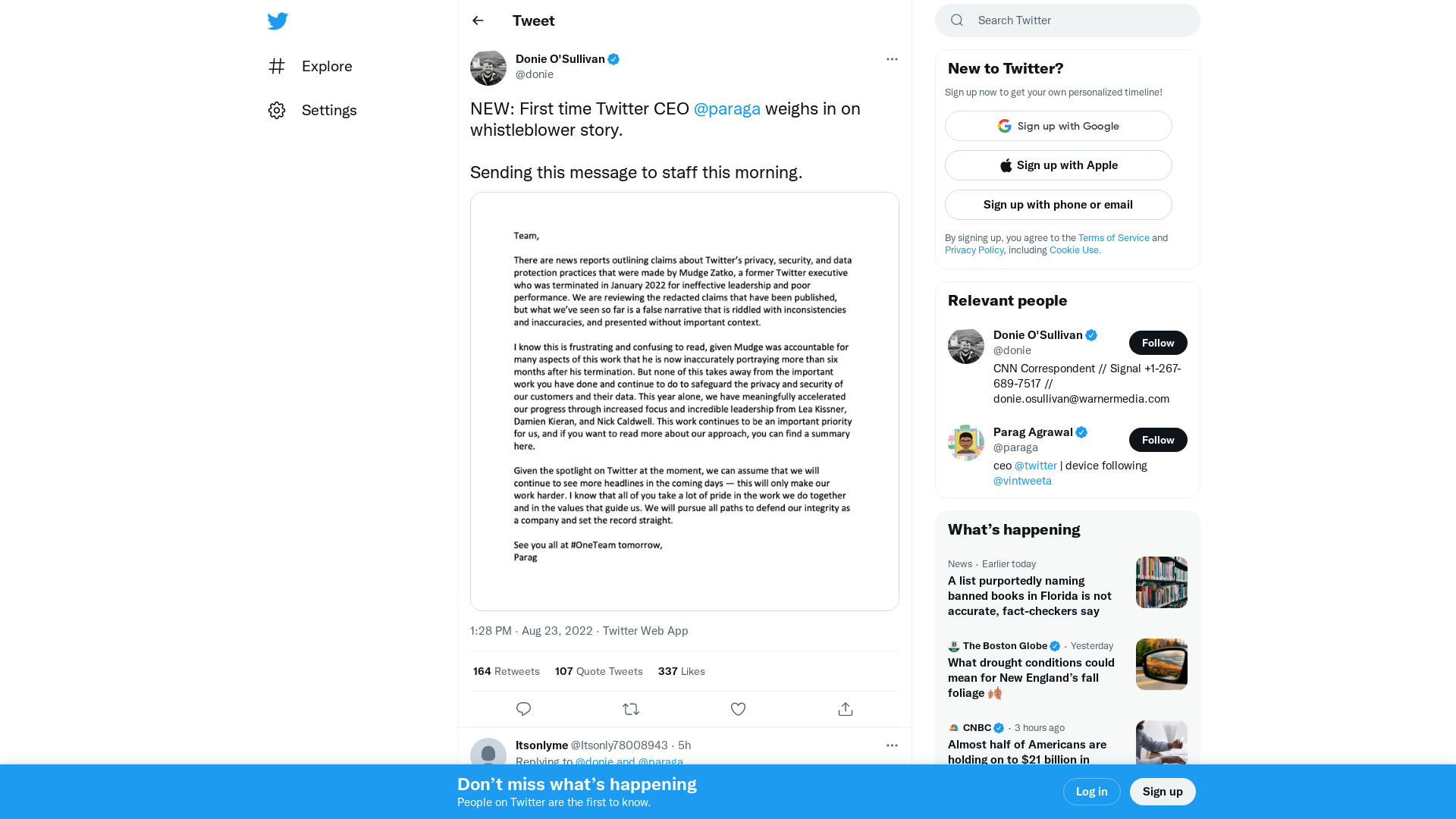 Donie O'Sullivan on Twitter: "NEW: First time Twitter CEO @paraga weighs in on whistleblower story. Sending this message to staff this morning. https://t.co/WY4TCqbA5q" / Twitter