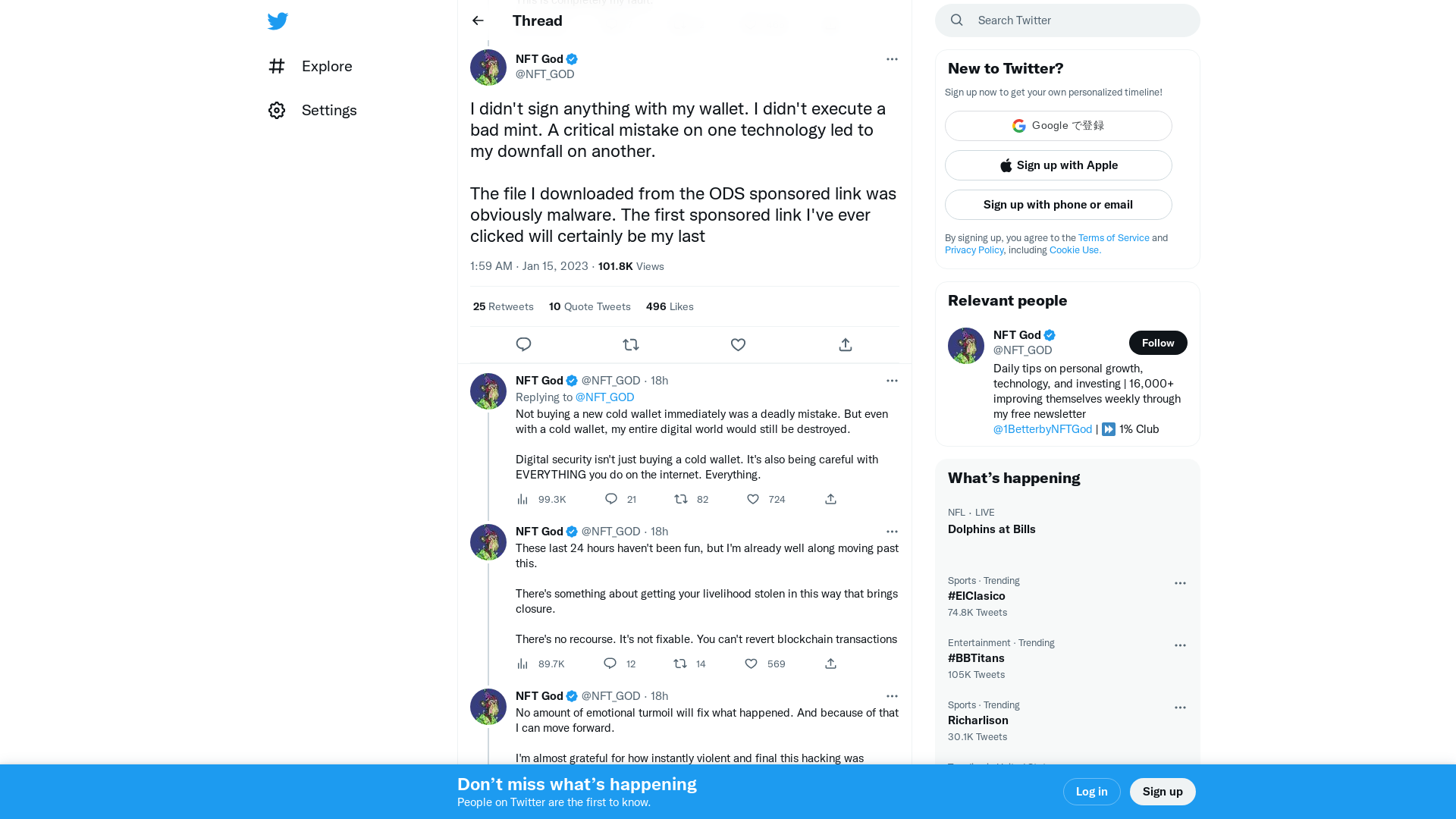 NFT God on Twitter: "I didn't sign anything with my wallet. I didn't execute a bad mint. A critical mistake on one technology led to my downfall on another. The file I downloaded from the ODS sponsored link was obviously malware. The first sponsored link I've ever clicked will certainly be my last" / Twitter