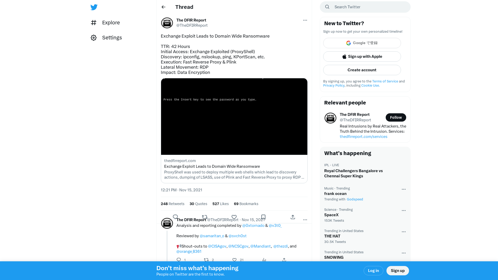 The DFIR Report on Twitter: "Exchange Exploit Leads to Domain Wide Ransomware TTR: 42 Hours Initial Access: Exchange Exploited (ProxyShell) Discovery: ipconfig, nslookup, ping, KPortScan, etc. Execution: Fast Reverse Proxy &amp; Plink Lateral Movement: RDP Impact: Data Encryption https://t.co/adxHmp4P7K" / Twitter