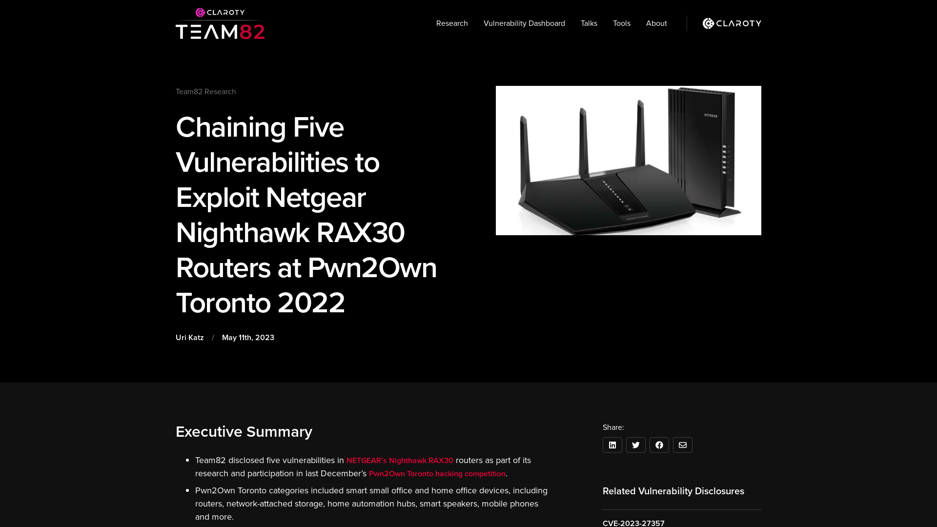 Chaining Five Vulnerabilities to Exploit Netgear Nighthawk RAX30 Routers at Pwn2Own Toronto 2022 | Claroty