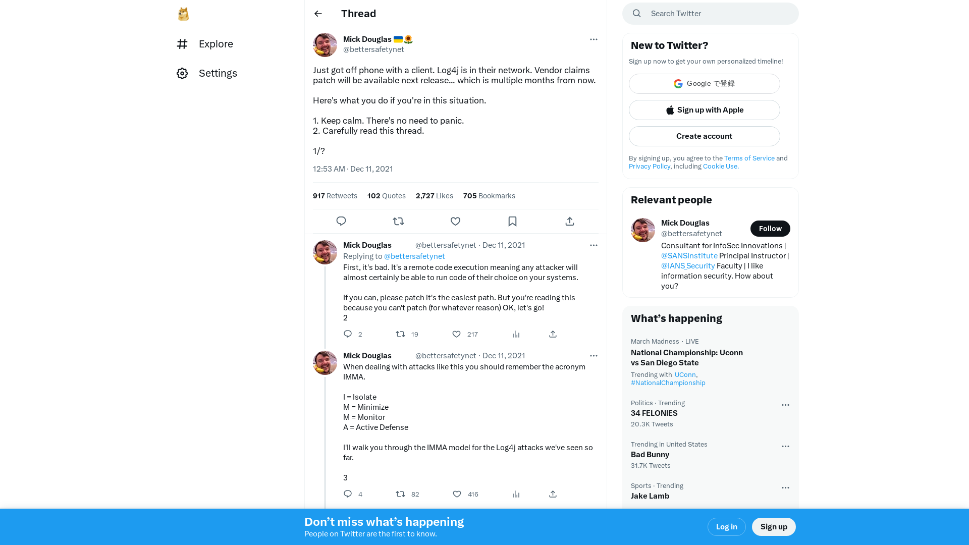 Mick Douglas 🇺🇦🌻 on Twitter: "Just got off phone with a client. Log4j is in their network. Vendor claims patch will be available next release... which is multiple months from now. Here's what you do if you're in this situation. 1. Keep calm. There's no need to panic. 2. Carefully read this thread. 1/?" / Twitter