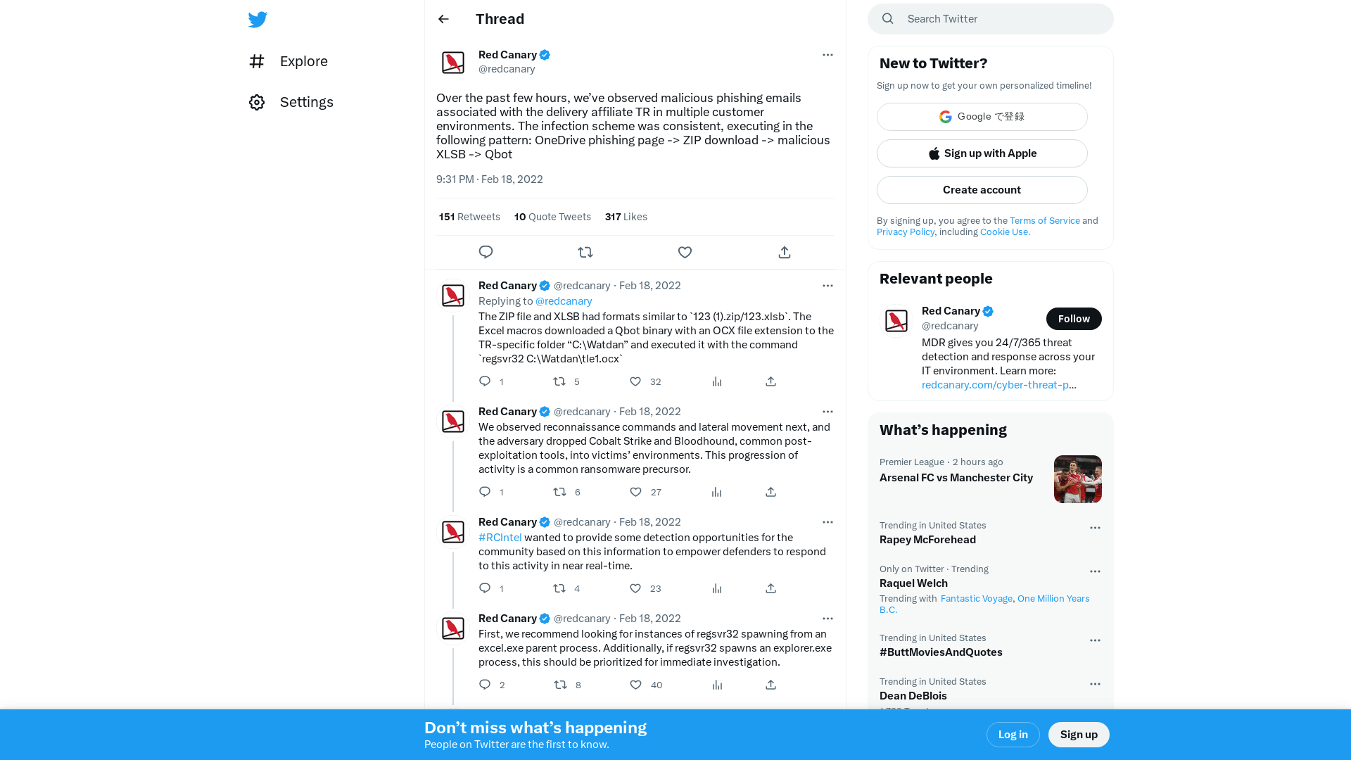 Red Canary on Twitter: "Over the past few hours, we’ve observed malicious phishing emails associated with the delivery affiliate TR in multiple customer environments. The infection scheme was consistent, executing in the following pattern: OneDrive phishing page -> ZIP download -> malicious XLSB -> Qbot" / Twitter
