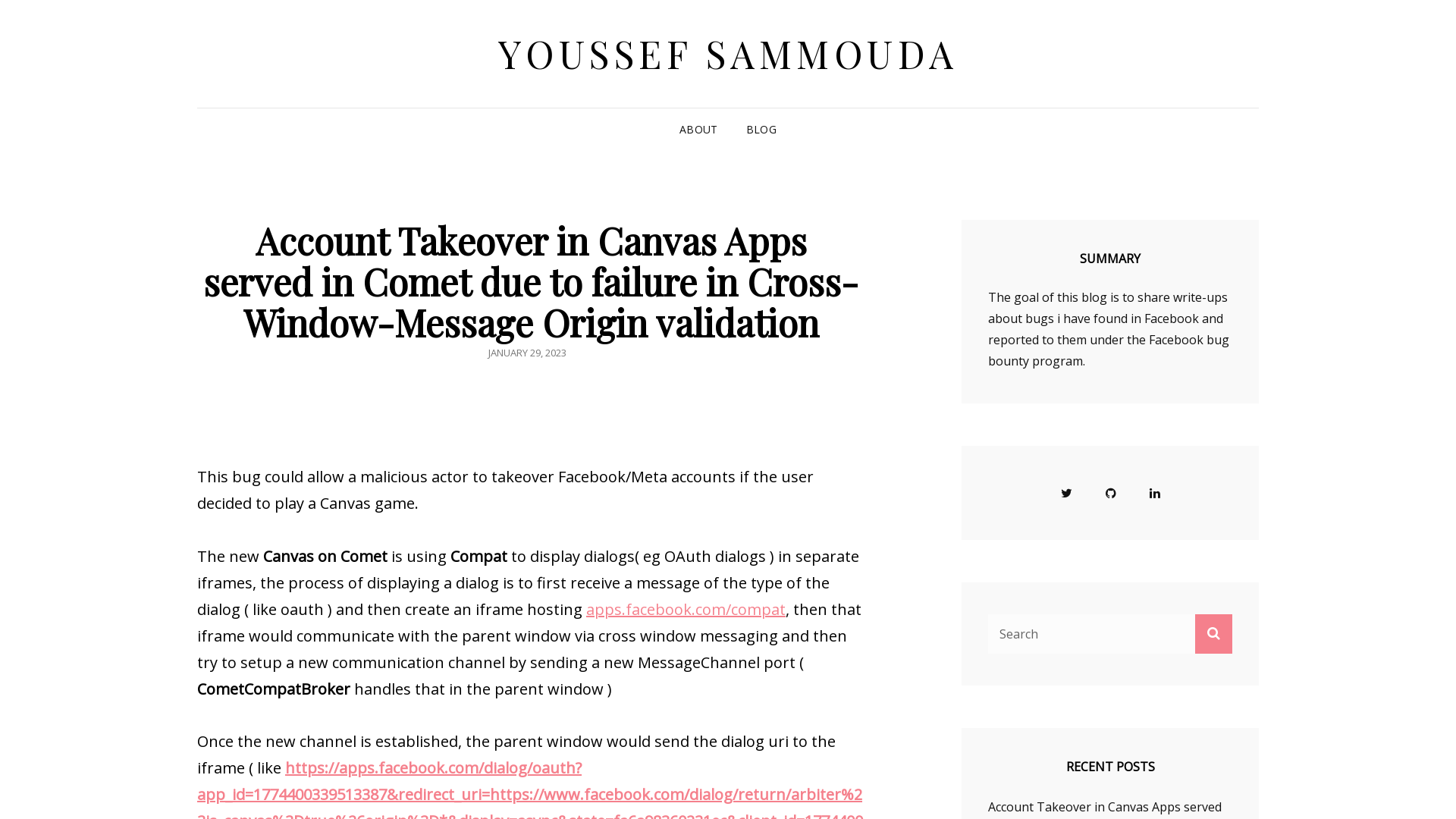 Account Takeover in Canvas Apps served in Comet due to failure in Cross-Window-Message Origin validation – Youssef Sammouda