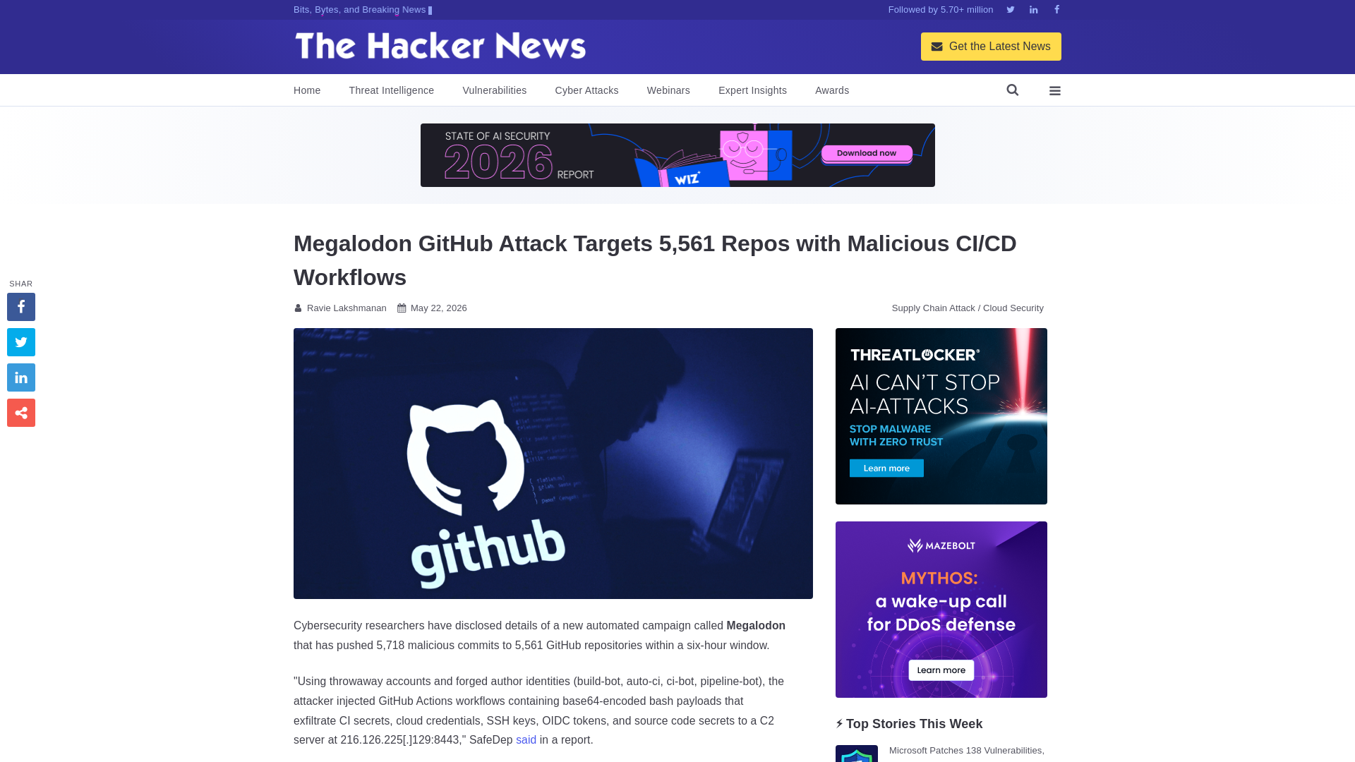 Megalodon GitHub Attack Targets 5,561 Repos with Malicious CI/CD Workflows