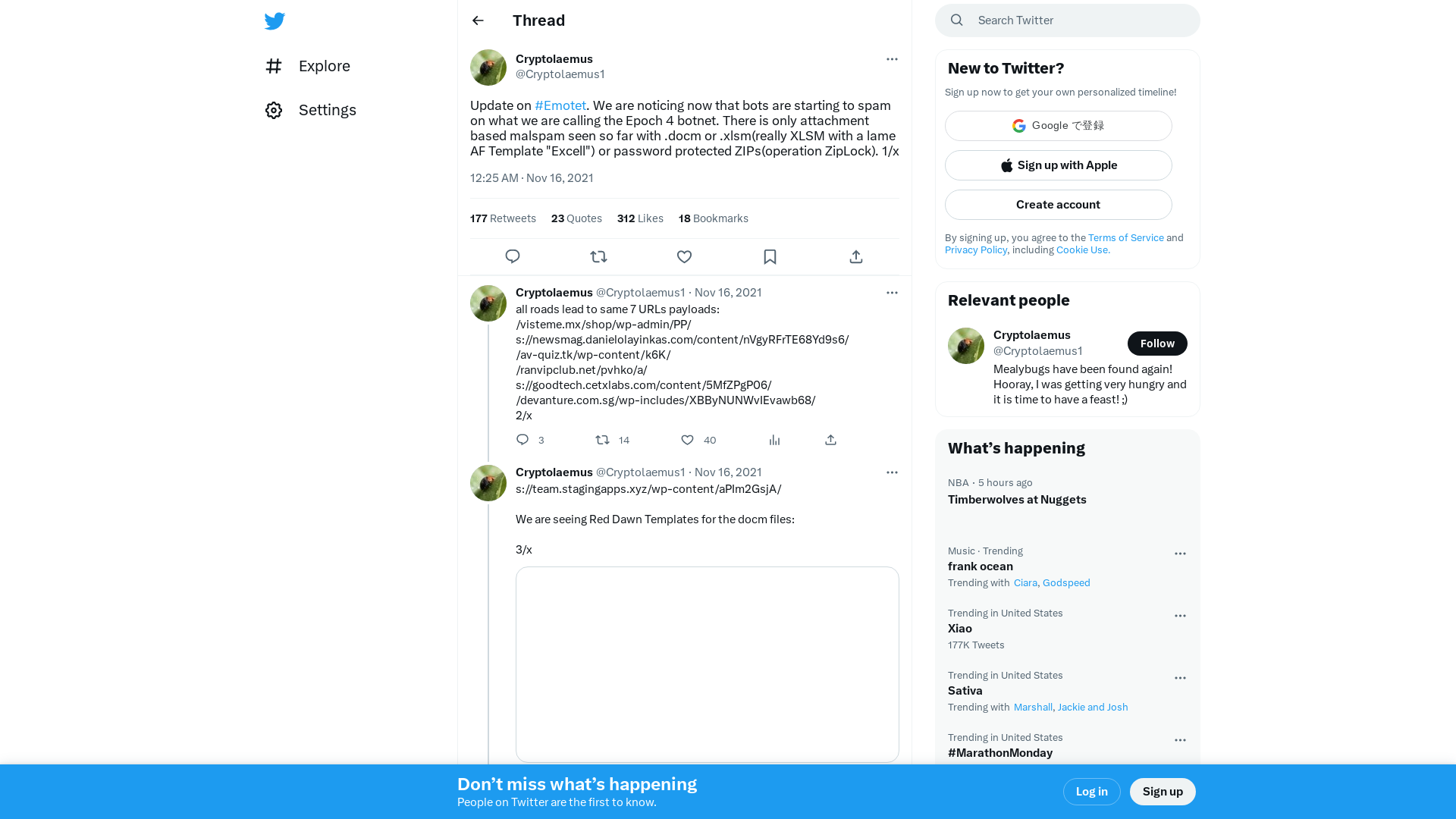 Cryptolaemus on Twitter: "Update on #Emotet. We are noticing now that bots are starting to spam on what we are calling the Epoch 4 botnet. There is only attachment based malspam seen so far with .docm or .xlsm(really XLSM with a lame AF Template "Excell") or password protected ZIPs(operation ZipLock). 1/x" / Twitter