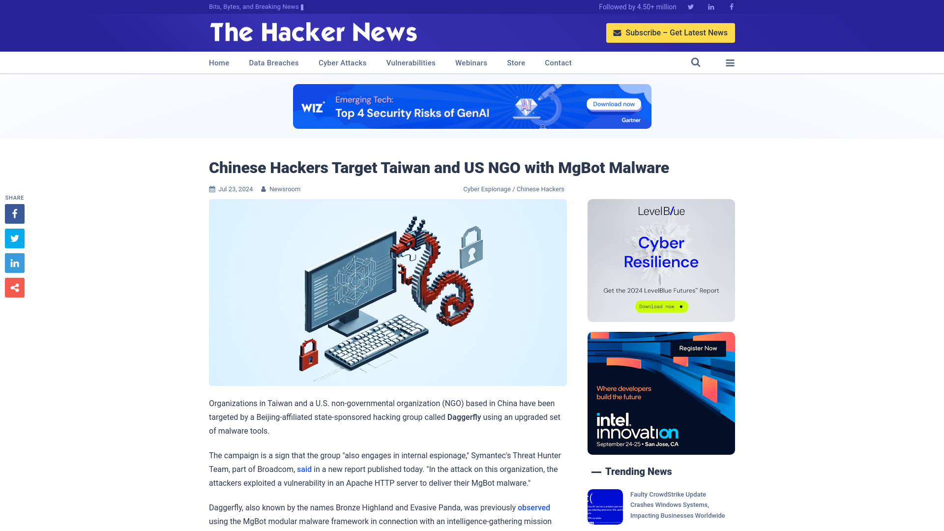 Chinese Hackers Target Taiwan and US NGO with MgBot Malware