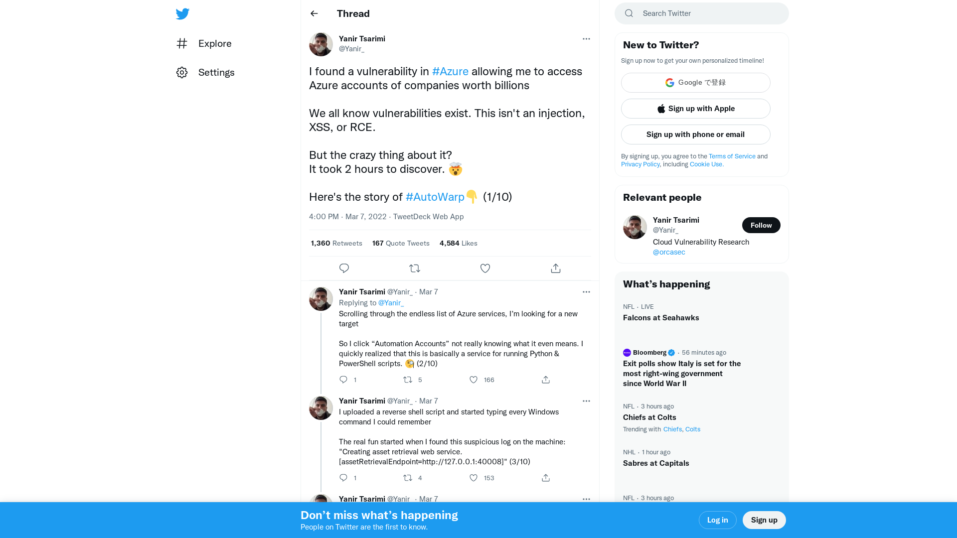 Yanir Tsarimi on Twitter: "I found a vulnerability in #Azure allowing me to access Azure accounts of companies worth billions We all know vulnerabilities exist. This isn't an injection, XSS, or RCE. But the crazy thing about it? It took 2 hours to discover. 🤯 Here's the story of #AutoWarp👇 (1/10)" / Twitter