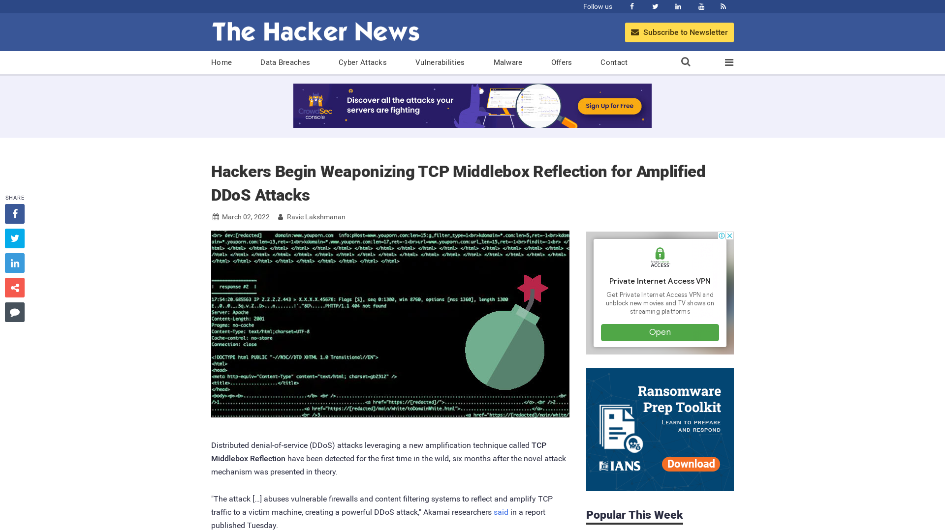 Hackers Begin Weaponizing TCP Middlebox Reflection for Amplified DDoS Attacks