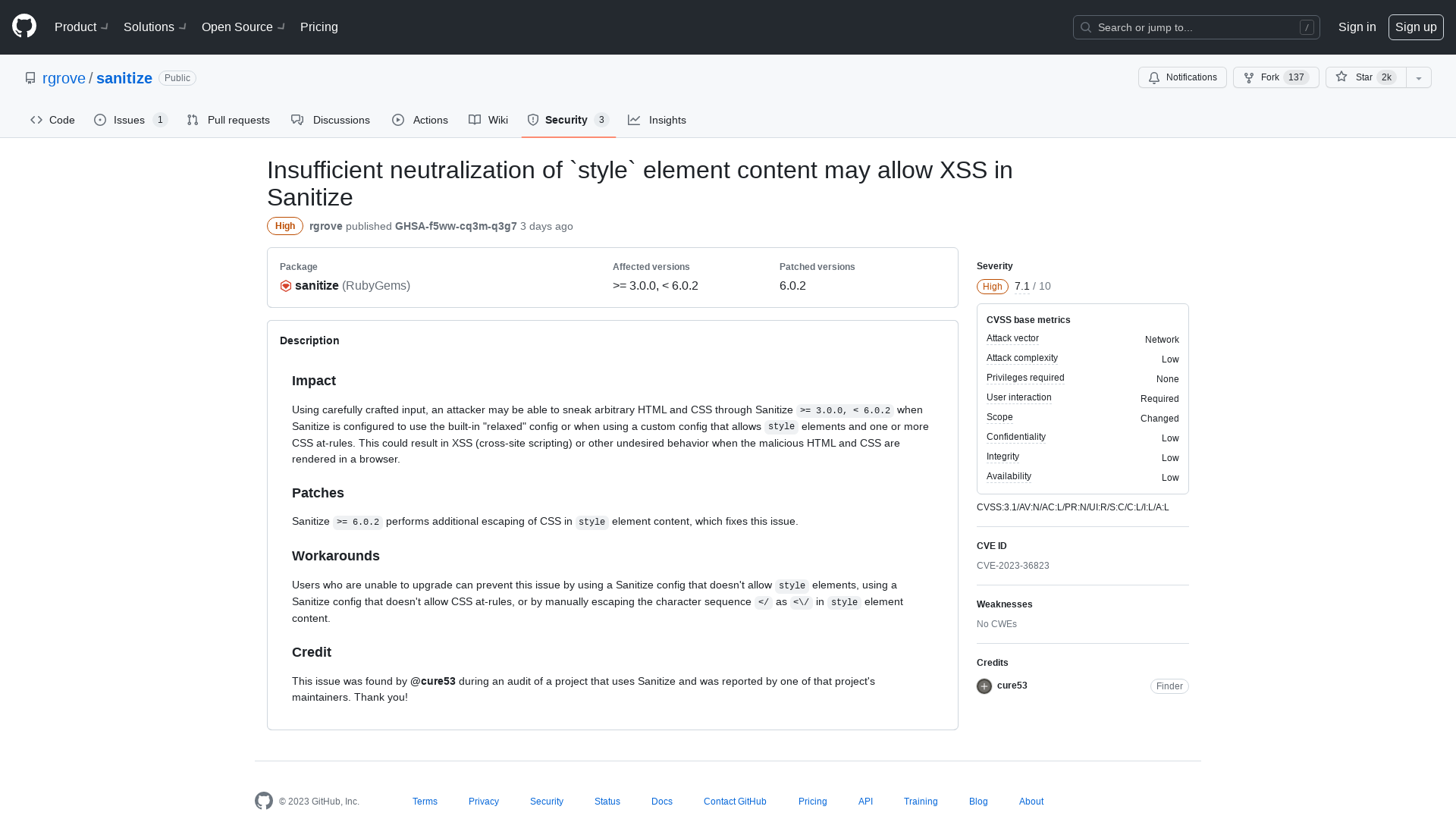 Insufficient neutralization of `style` element content may allow XSS in Sanitize · Advisory · rgrove/sanitize · GitHub