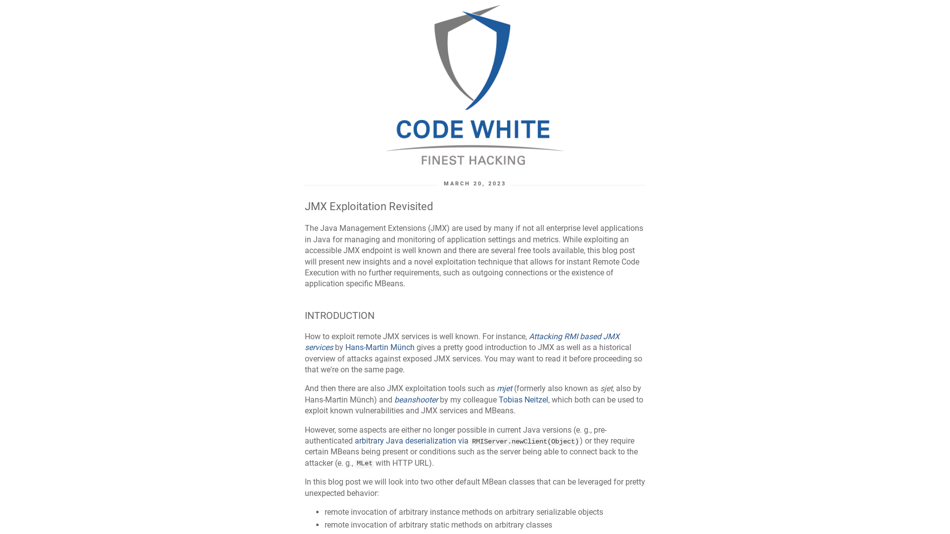 code white | Blog: JMX Exploitation Revisited