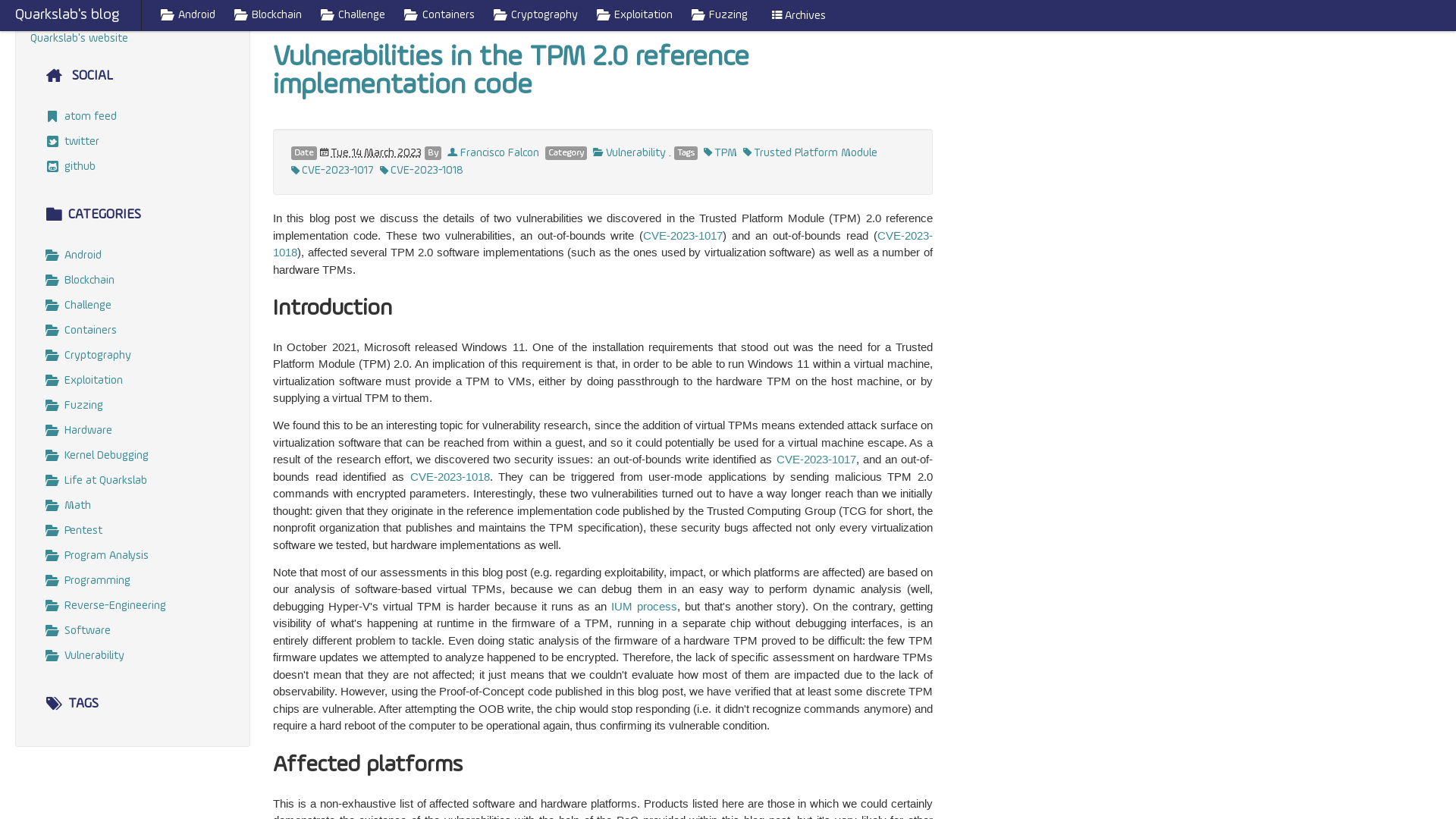 Vulnerabilities in the TPM 2.0 reference implementation code