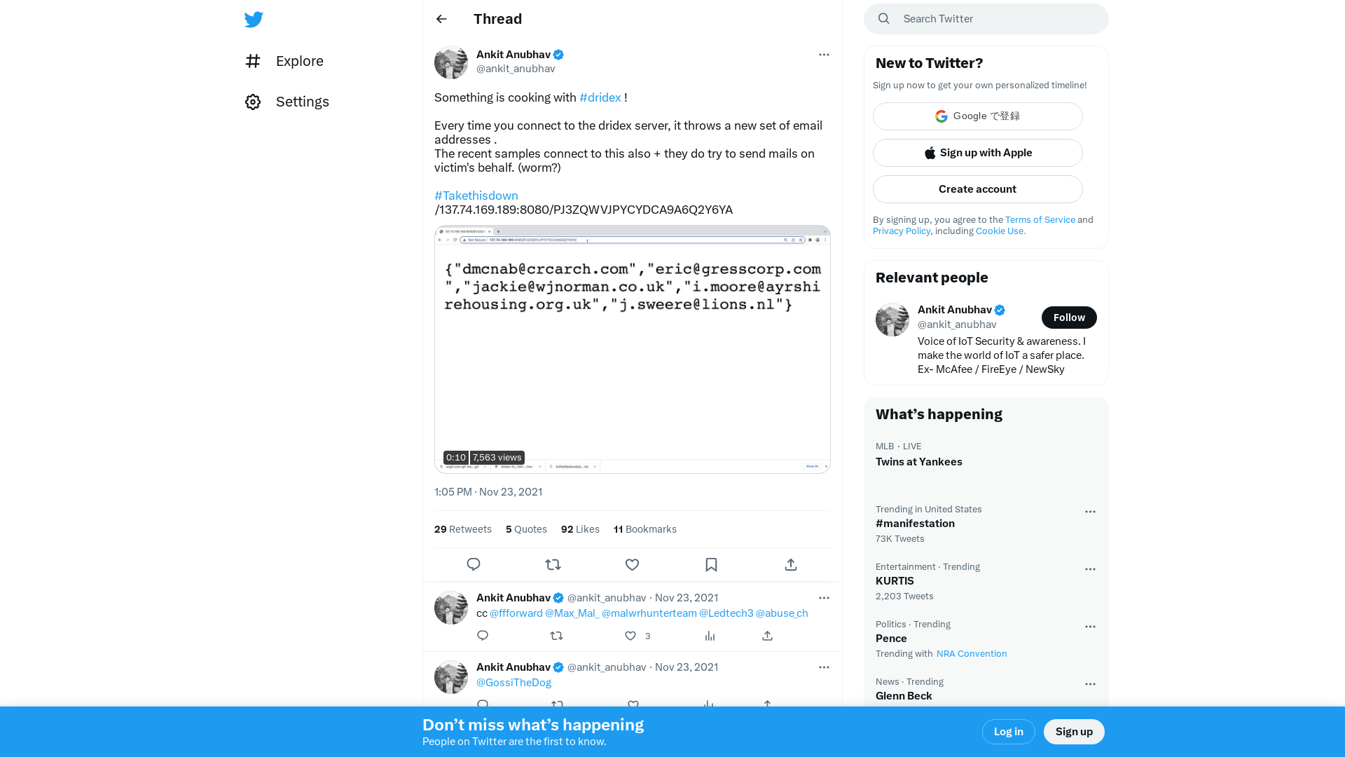 Ankit Anubhav on Twitter: "Something is cooking with #dridex ! Every time you connect to the dridex server, it throws a new set of email addresses . The recent samples connect to this also + they do try to send mails on victim's behalf. (worm?) #Takethisdown /137.74.169.189:8080/PJ3ZQWVJPYCYDCA9A6Q2Y6YA https://t.co/9txE84Y0Mv" / Twitter