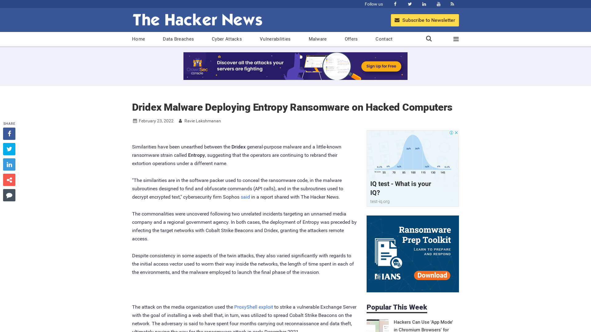 Dridex Malware Deploying Entropy Ransomware on Hacked Computers