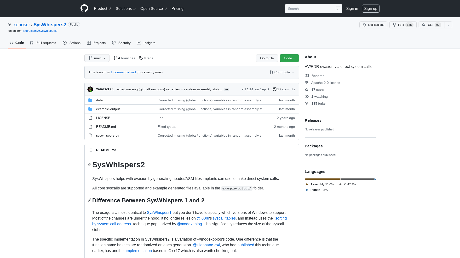 GitHub - xenoscr/SysWhispers2: AV/EDR evasion via direct system calls.