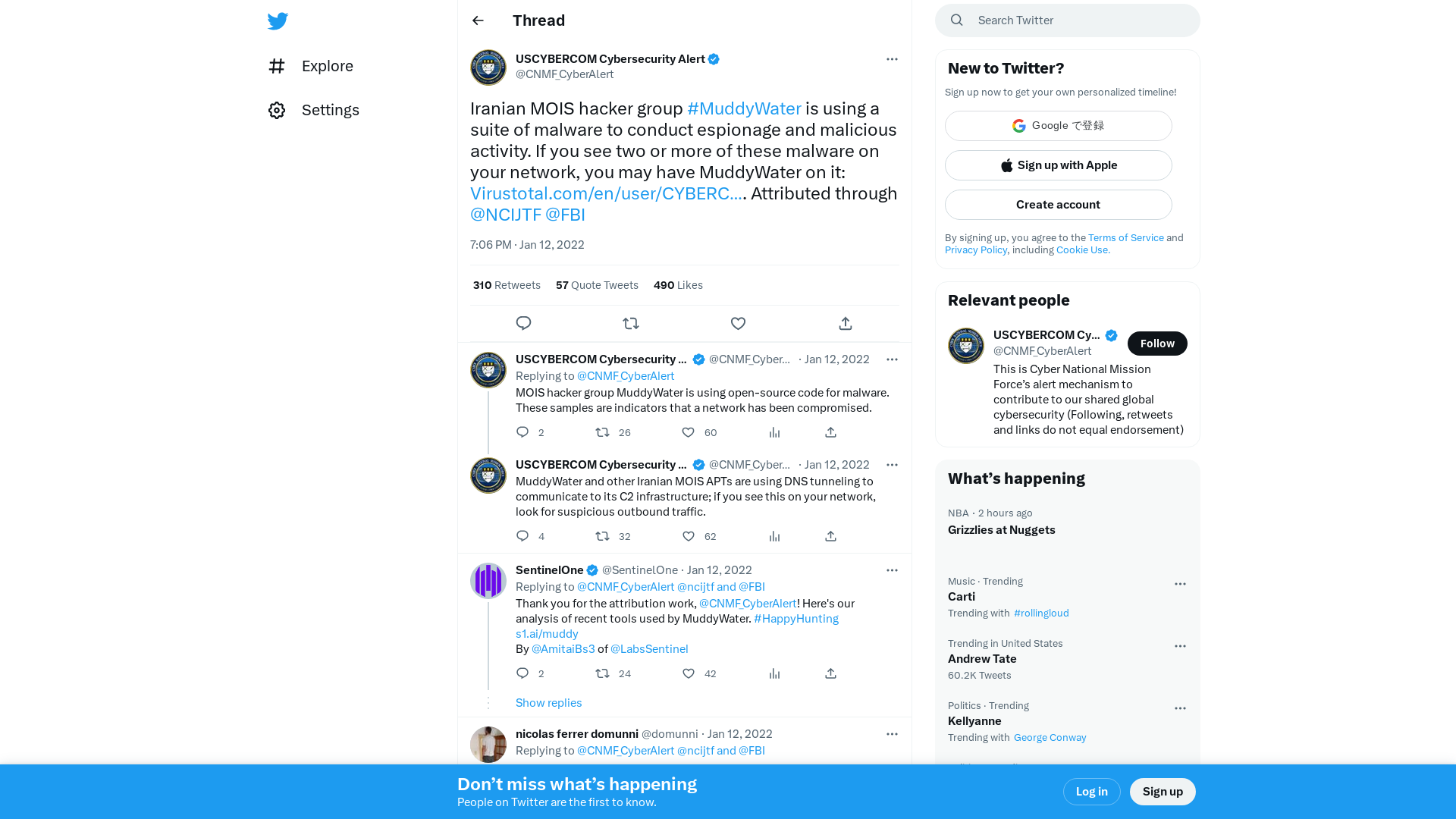 USCYBERCOM Cybersecurity Alert on Twitter: "Iranian MOIS hacker group #MuddyWater is using a suite of malware to conduct espionage and malicious activity. If you see two or more of these malware on your network, you may have MuddyWater on it: https://t.co/xTI6xuQOg3. Attributed through @NCIJTF @FBI" / Twitter