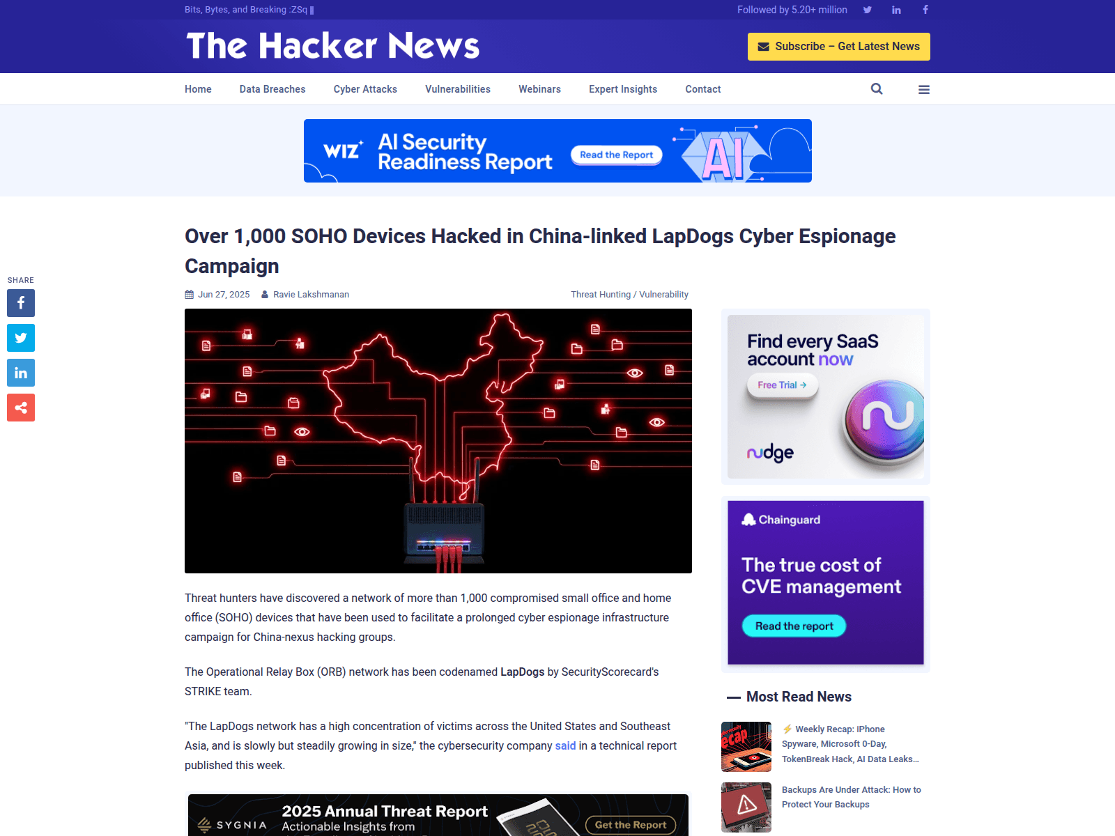Over 1,000 SOHO Devices Hacked in China-linked LapDogs Cyber Espionage Campaign