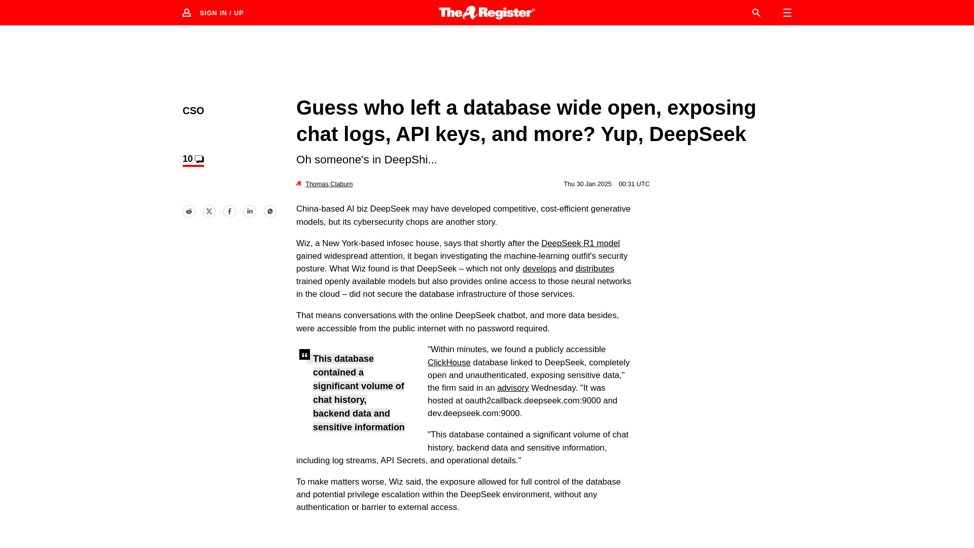 DeepSeek database left open, exposing sensitive info • The Register
