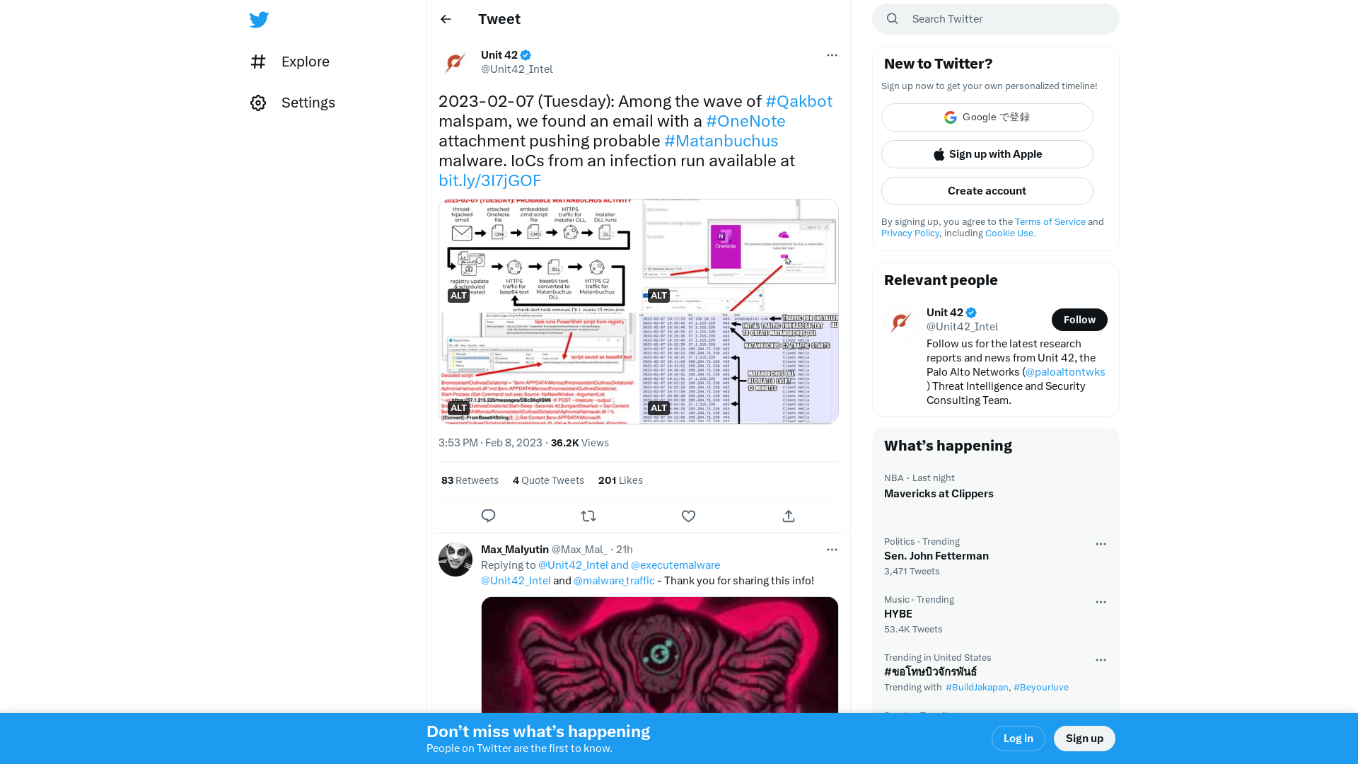 Unit 42 on Twitter: "2023-02-07 (Tuesday): Among the wave of #Qakbot malspam, we found an email with a #OneNote attachment pushing probable #Matanbuchus malware. IoCs from an infection run available at https://t.co/tqVqEgTSy5 https://t.co/jrgTAAgoV7" / Twitter