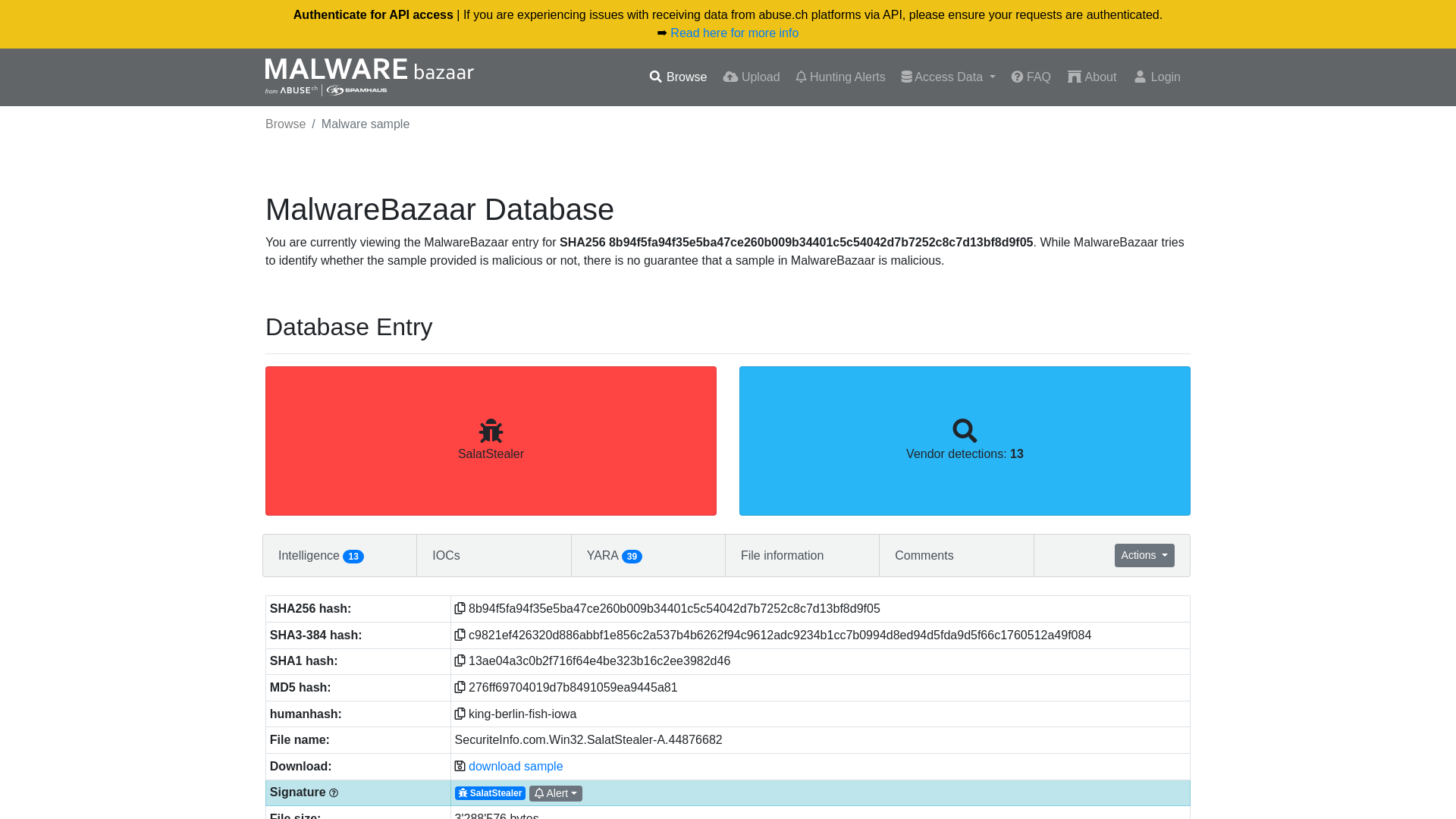 MalwareBazaar | SHA256 8b94f5fa94f35e5ba47ce260b009b34401c5c54042d7b7252c8c7d13bf8d9f05 (SalatStealer)