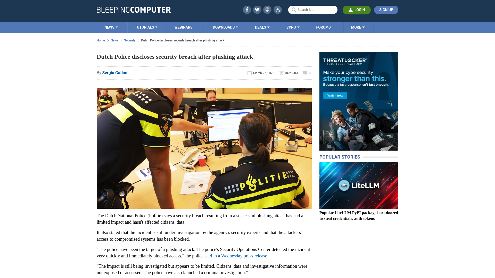 Dutch Police discloses security breach after phishing attack