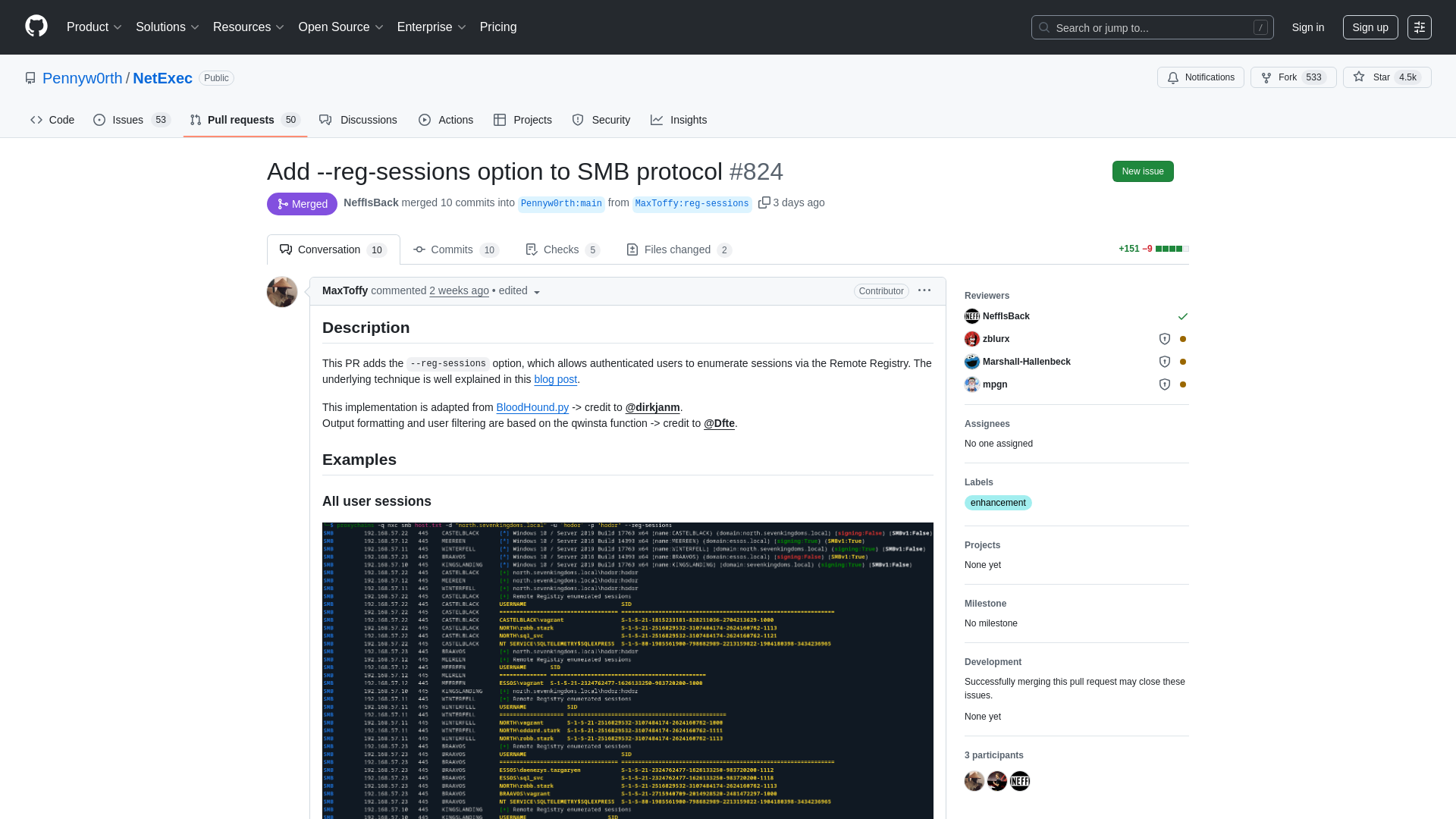 Add --reg-sessions option to SMB protocol by MaxToffy · Pull Request #824 · Pennyw0rth/NetExec · GitHub
