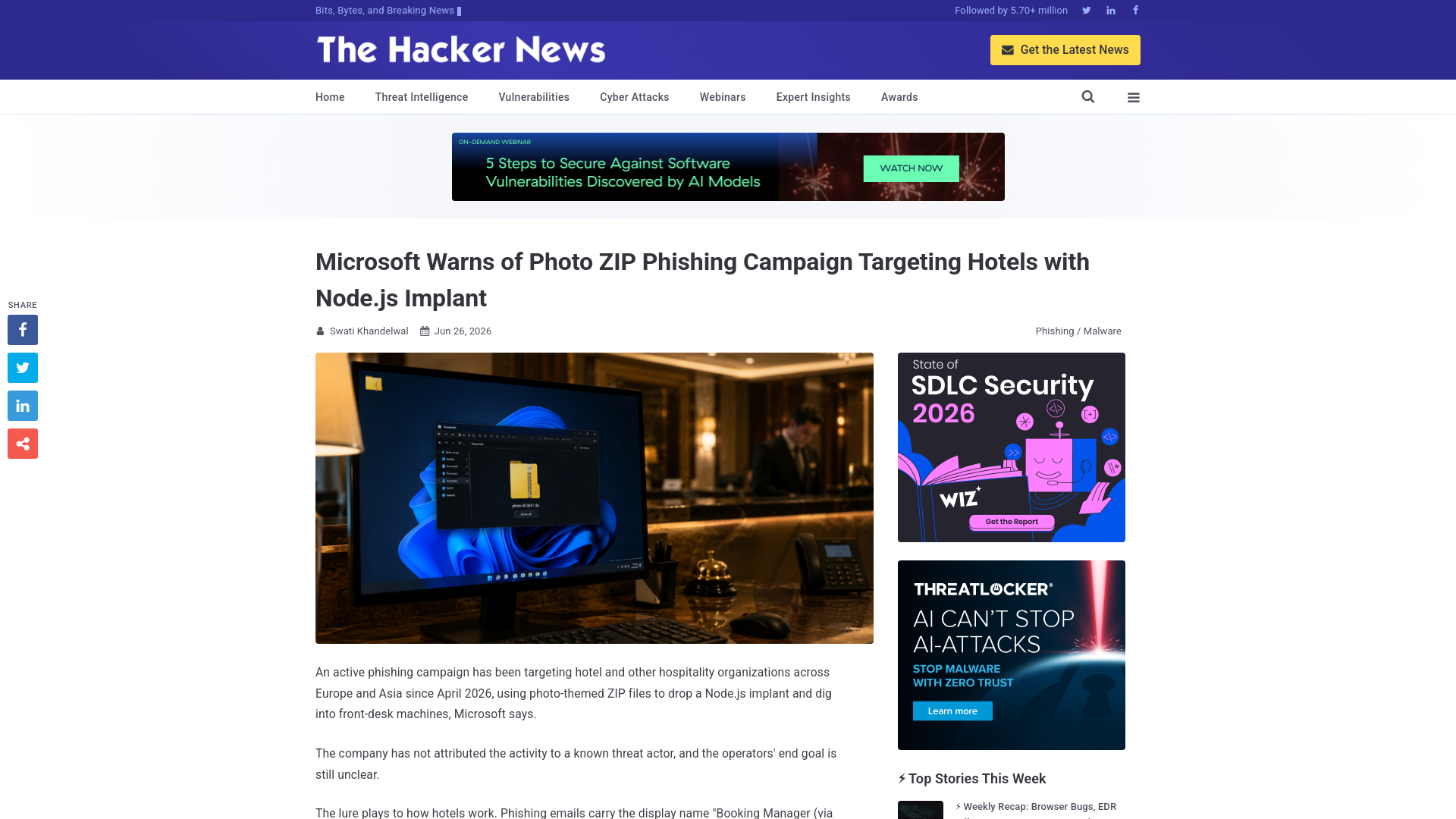 Microsoft Warns of Photo ZIP Phishing Campaign Targeting Hotels with Node.js Implant