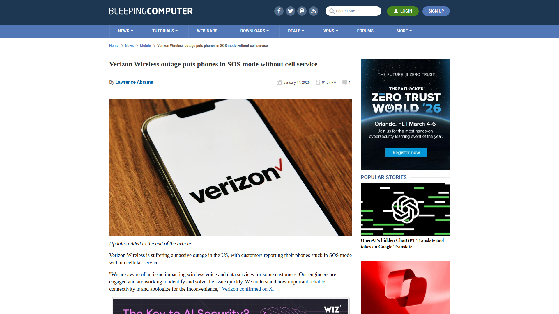 Verizon Wireless outage puts phones in SOS mode without cell service