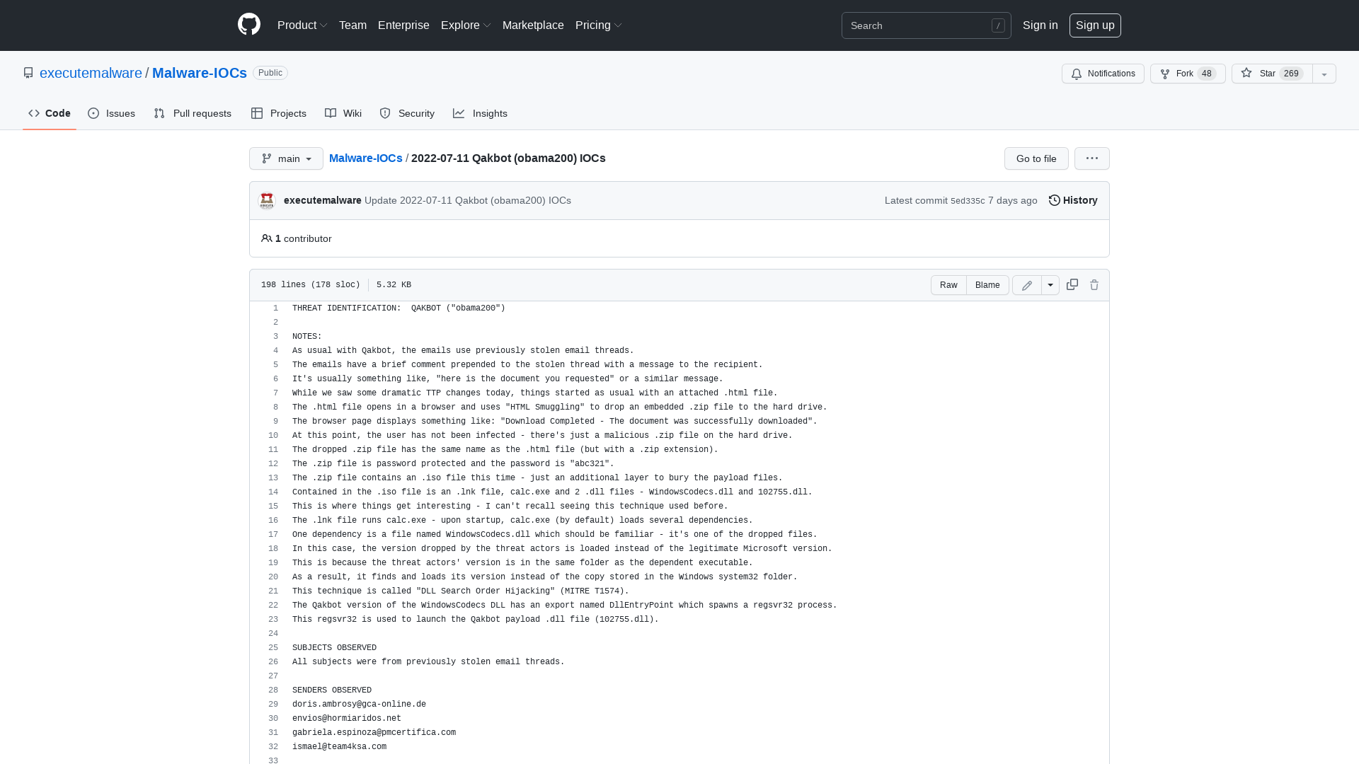 Malware-IOCs/2022-07-11 Qakbot (obama200) IOCs at main · executemalware/Malware-IOCs · GitHub