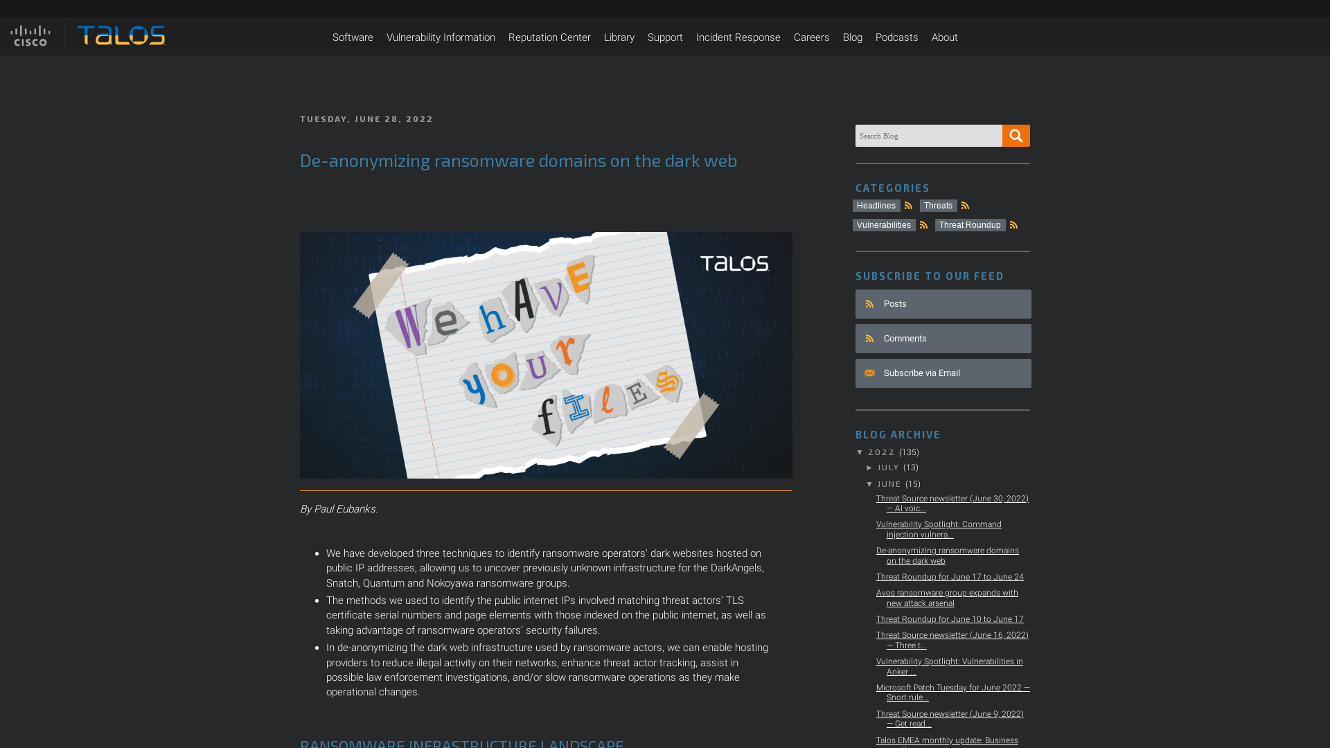 Cisco Talos Intelligence Group - Comprehensive Threat Intelligence: De-anonymizing ransomware domains on the dark web