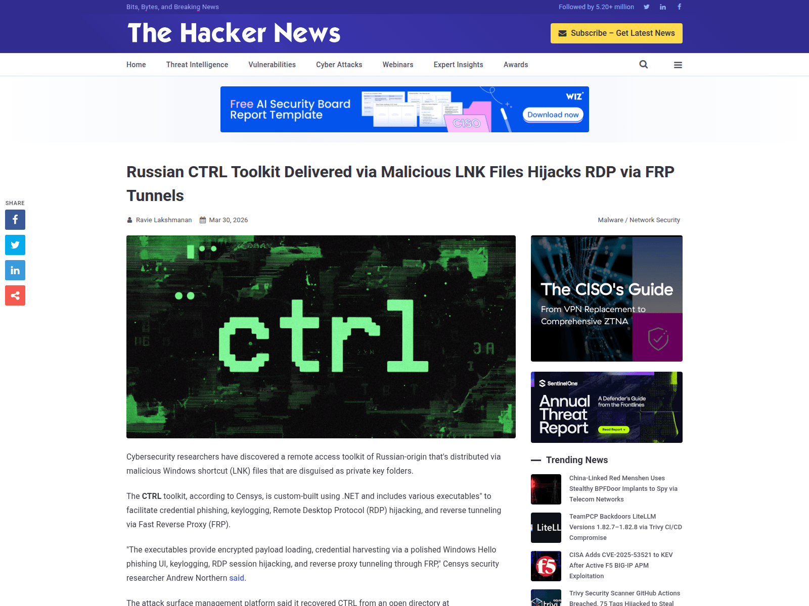 Russian CTRL Toolkit Delivered via Malicious LNK Files Hijacks RDP via FRP Tunnels