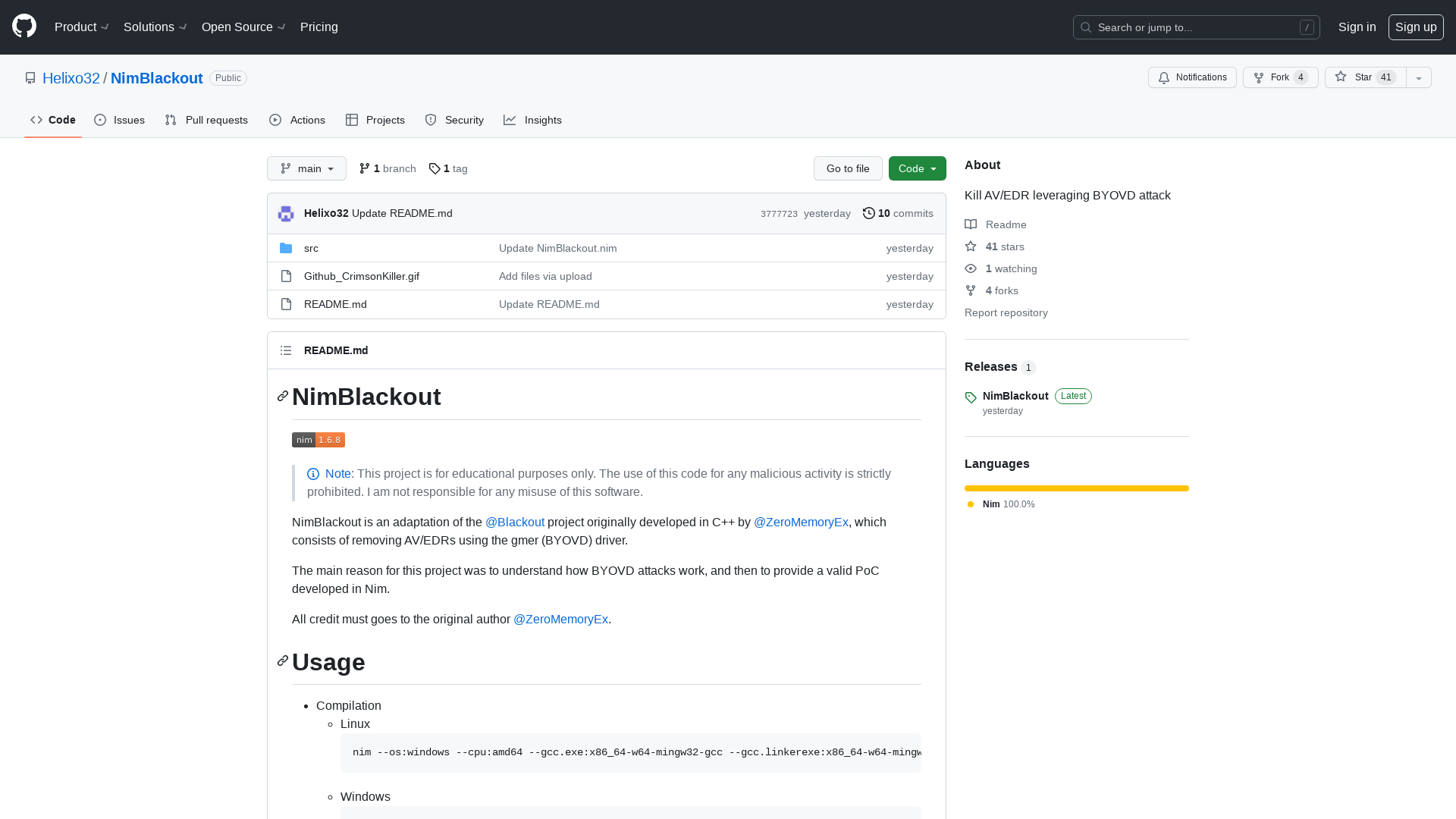GitHub - Helixo32/NimBlackout: Kill AV/EDR leveraging BYOVD attack