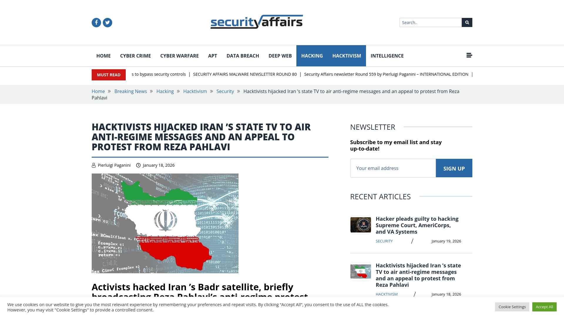 Hacktivists hijacked Iran ’s state TV to air anti-regime messages and an appeal to protest from Reza Pahlavi