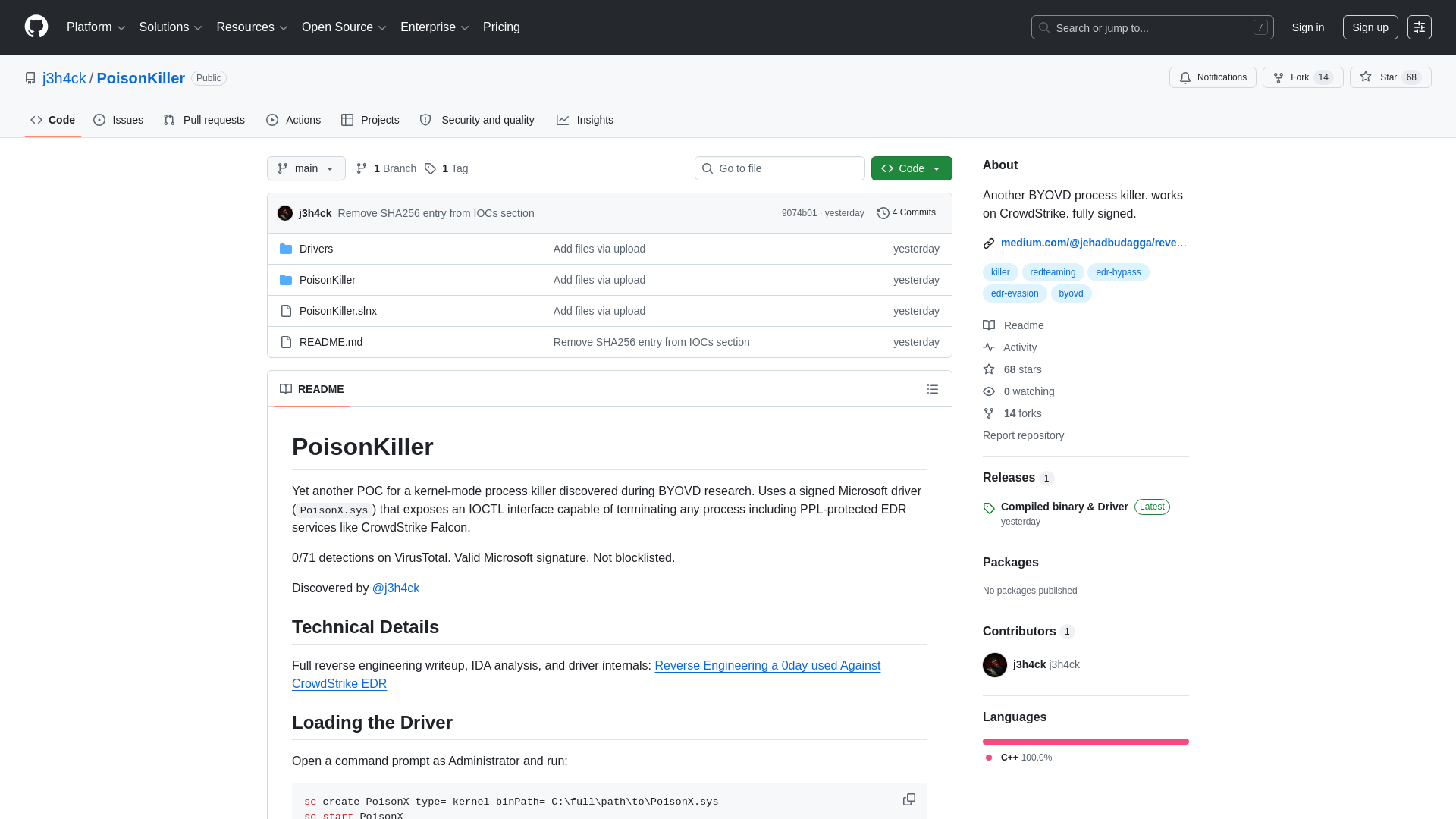 GitHub - j3h4ck/PoisonKiller: Another BYOVD process killer. works on CrowdStrike. fully signed. · GitHub