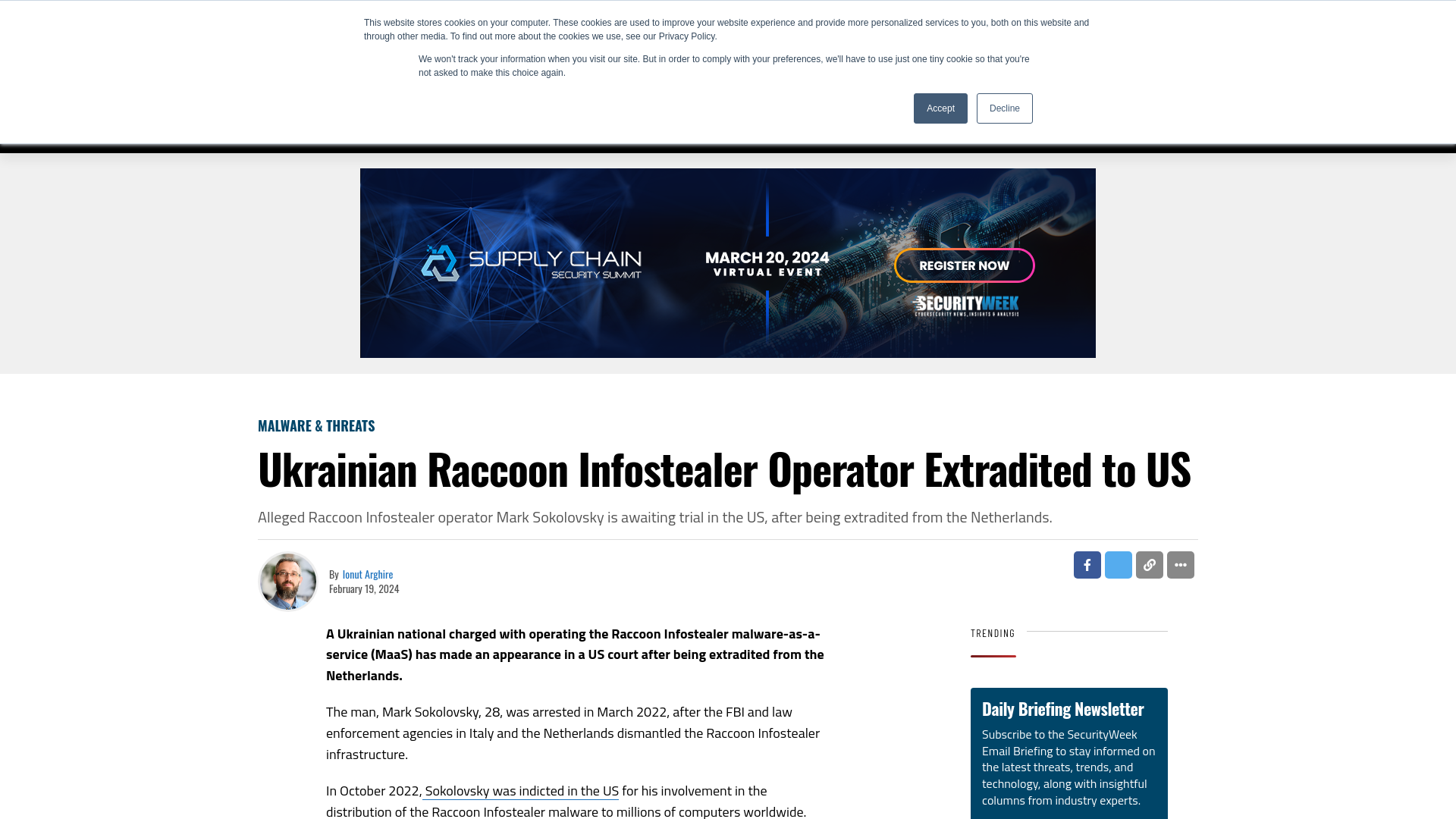 Ukrainian Raccoon Infostealer Operator Extradited to US - SecurityWeek