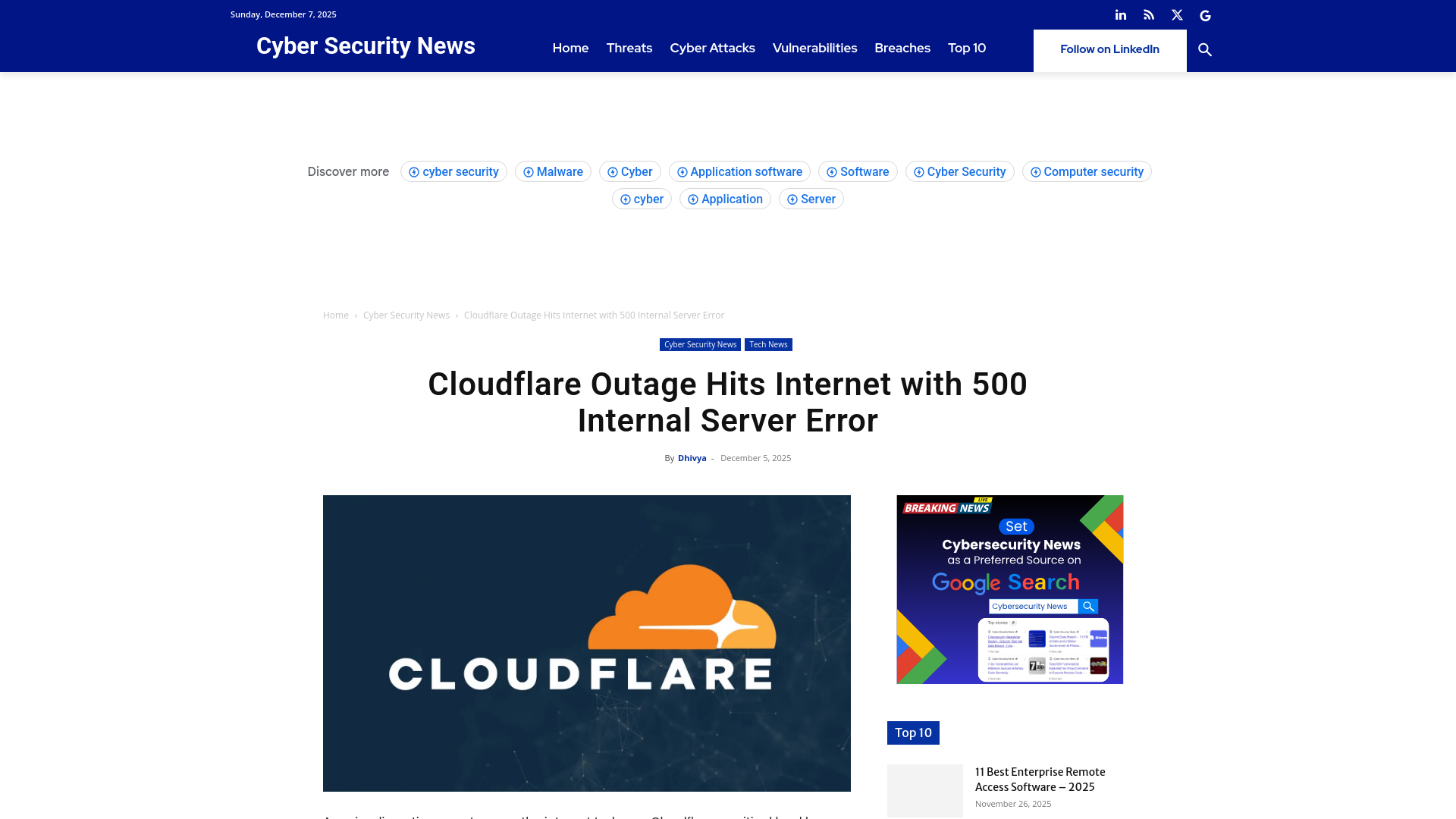 Cloudflare Outage Hits Internet with 500 Internal Server Error
