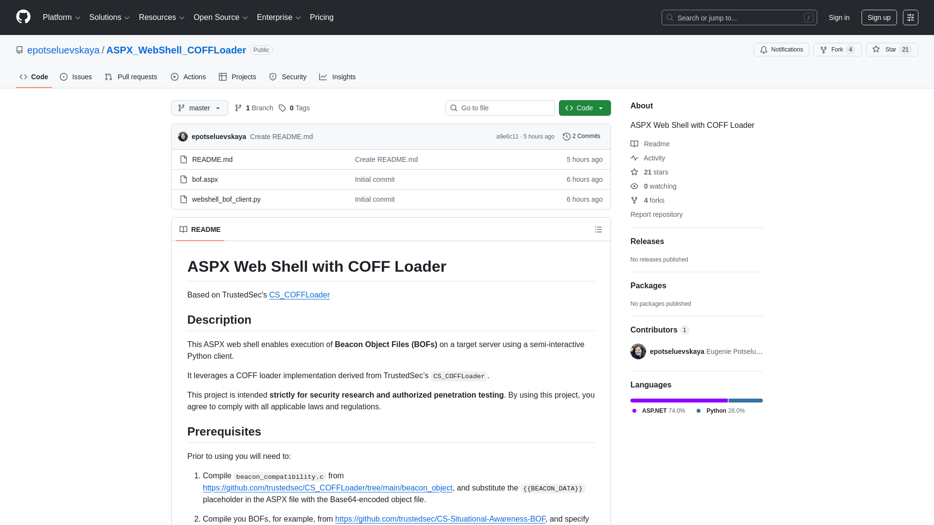 GitHub - epotseluevskaya/ASPX_WebShell_COFFLoader: ASPX Web Shell with COFF Loader · GitHub