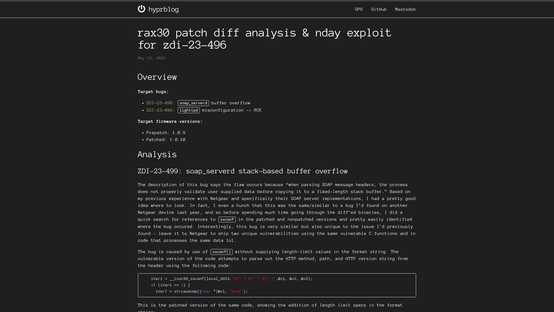 RAX30 Patch Diff Analysis & Nday Exploit for ZDI-23-496 | hyprblog