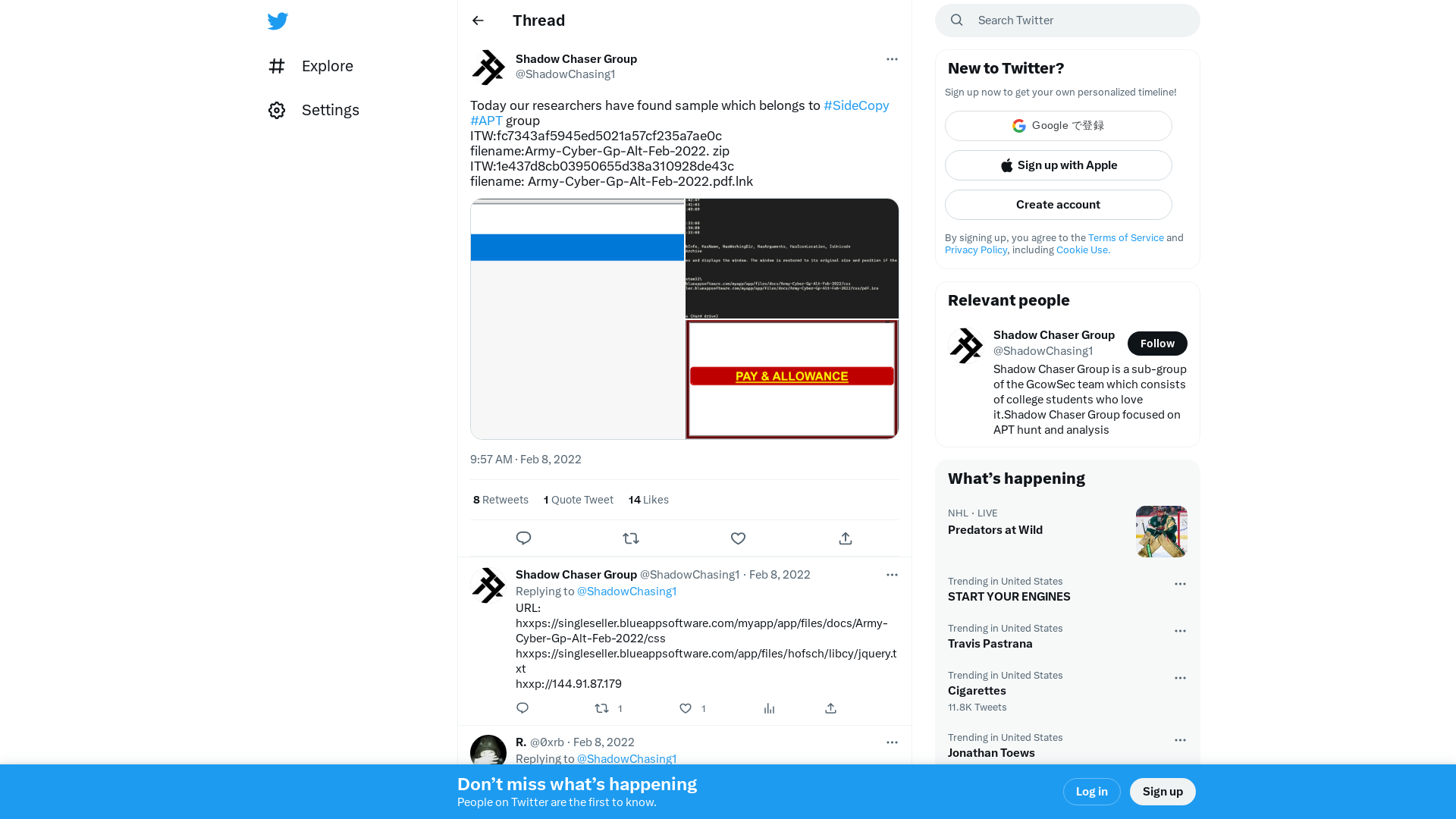 Shadow Chaser Group on Twitter: "Today our researchers have found sample which belongs to #SideCopy #APT group ITW:fc7343af5945ed5021a57cf235a7ae0c filename:Army-Cyber-Gp-Alt-Feb-2022. zip ITW:1e437d8cb03950655d38a310928de43c filename: Army-Cyber-Gp-Alt-Feb-2022.pdf.lnk https://t.co/ftWqP0MABD" / Twitter