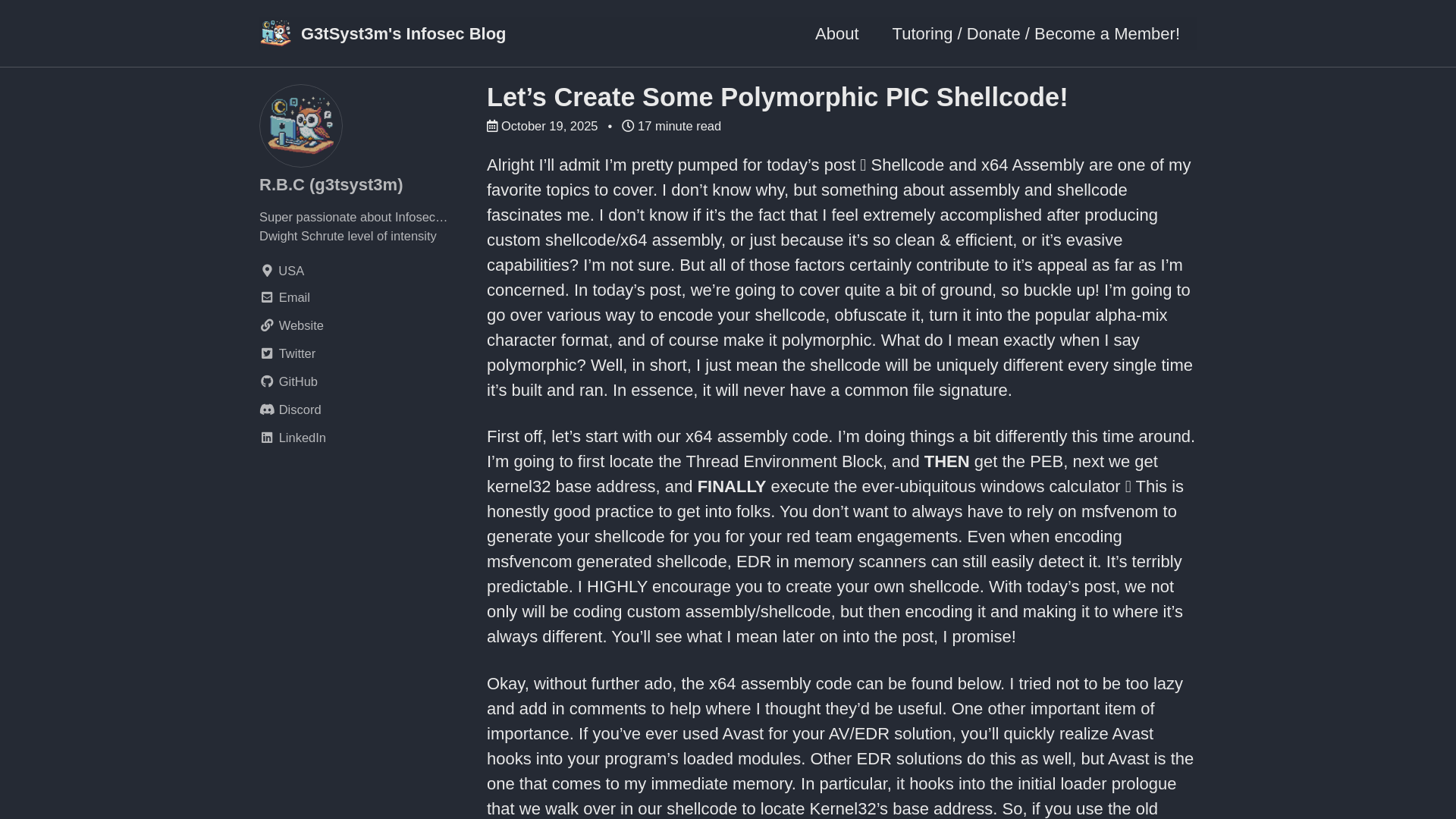 Let’s Create Some Polymorphic PIC Shellcode! - G3tSyst3m’s Infosec Blog