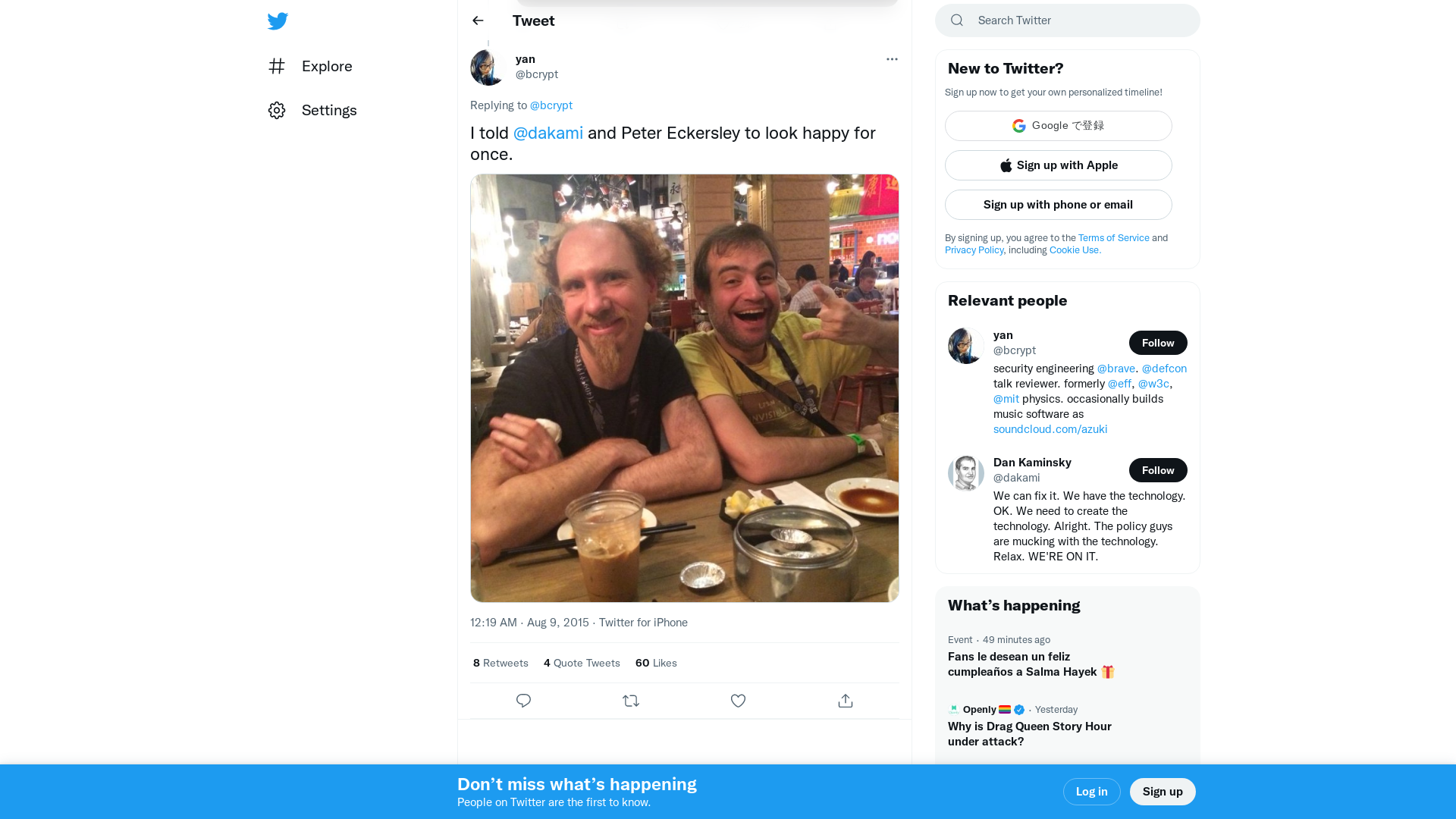 yan on Twitter: "I told @dakami and Peter Eckersley to look happy for once. http://t.co/hRLyGDVV68" / Twitter