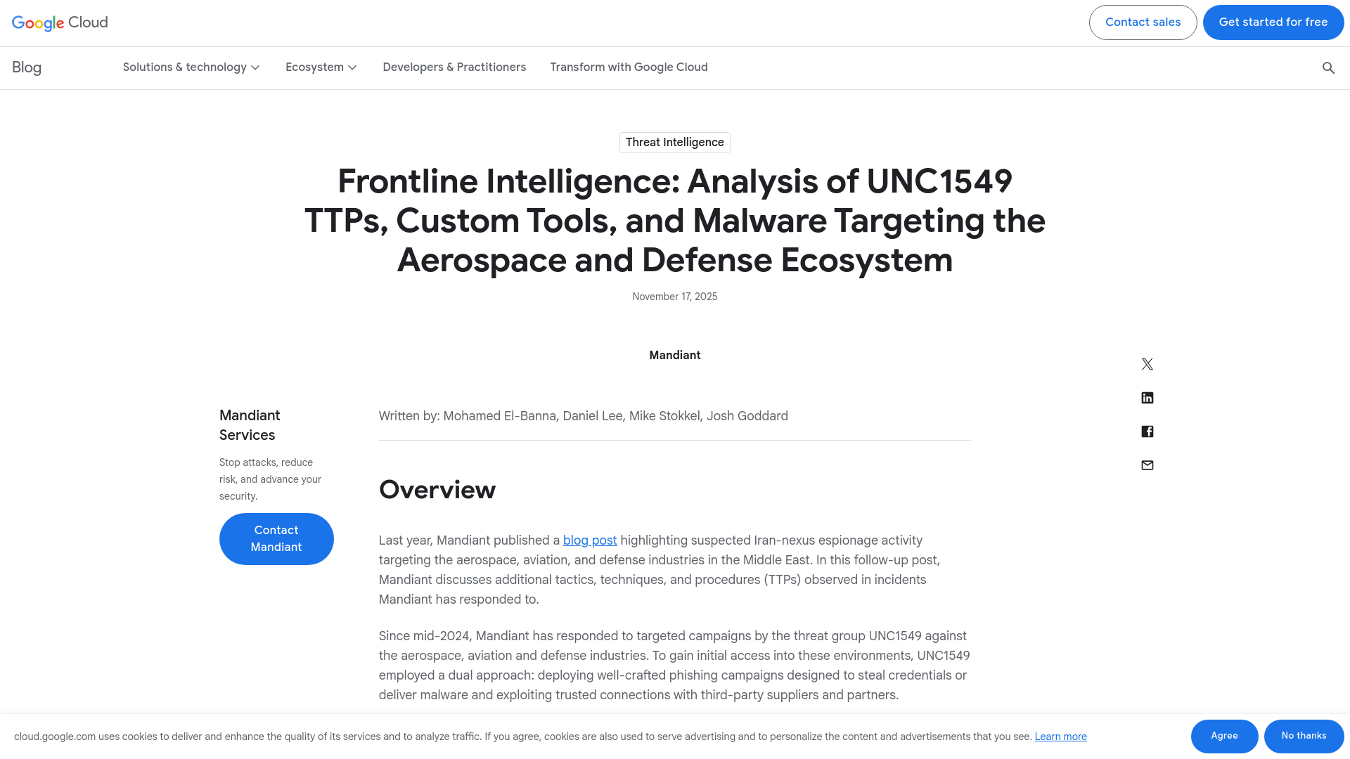 Frontline Intelligence: Analysis of UNC1549 TTPs, Custom Tools, and Malware Targeting the Aerospace and Defense Ecosystem | Google Cloud Blog