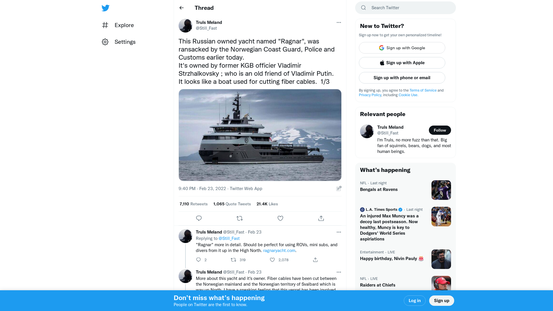 Truls Meland on Twitter: "This Russian owned yacht named "Ragnar", was ransacked by the Norwegian Coast Guard, Police and Customs earlier today. It's owned by former KGB officier Vladimir Strzhalkovsky ; who is an old friend of Vladimir Putin. It looks like a boat used for cutting fiber cables. 1/3 https://t.co/6QwrCPtuHS" / Twitter