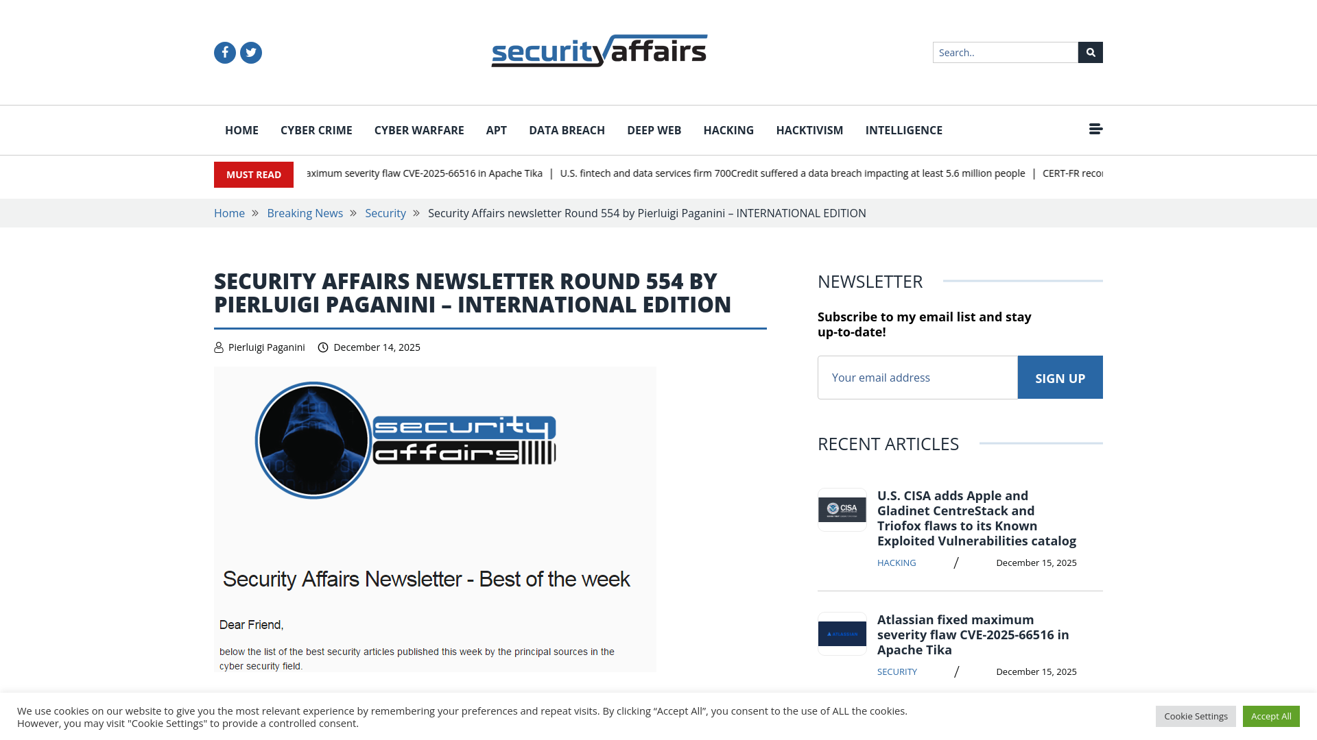 Security Affairs newsletter Round 554 by Pierluigi Paganini – INTERNATIONAL EDITION